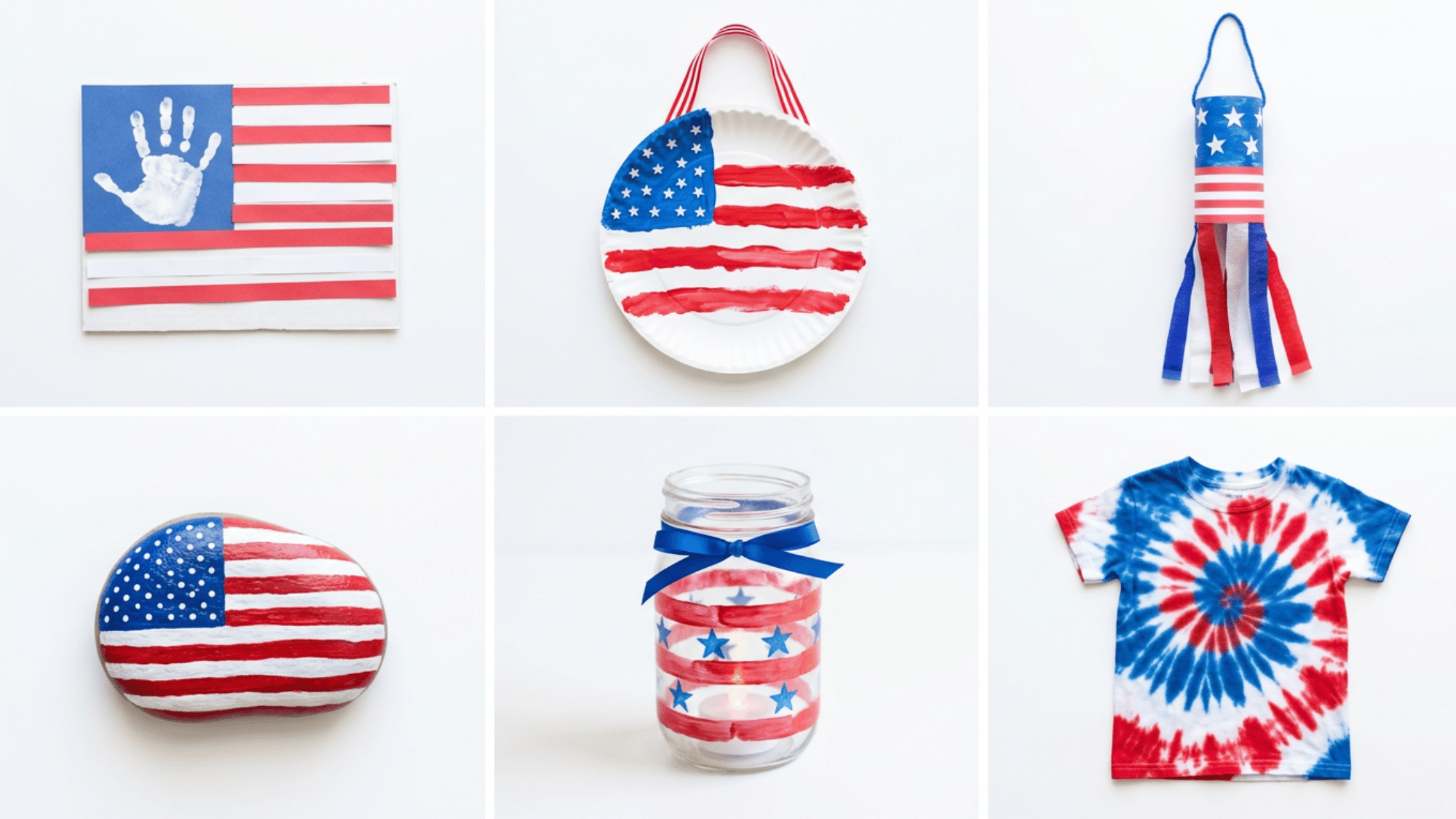 Memorial Day crafts collage with flag art, windsock, painted rocks, jar lights, and tie dye