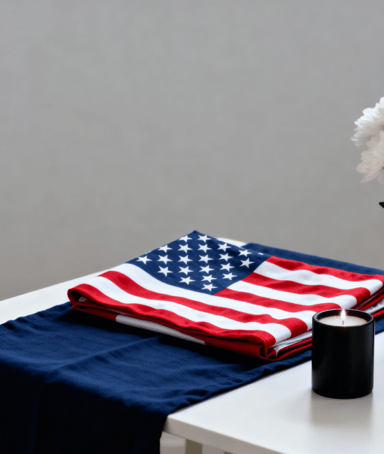 Memorial Day decor with red white blue and black elements on a simple table