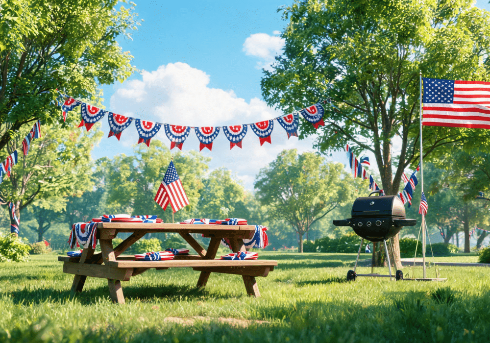 Memorial Day outdoor setup with picnic table, American flags, and decorations creating a simple and festive family setting