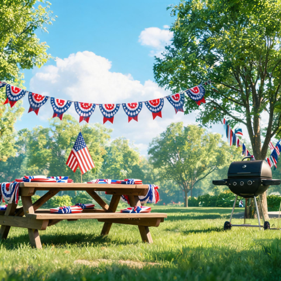 Memorial Day outdoor setup with picnic table, American flags, and decorations creating a simple and festive family setting