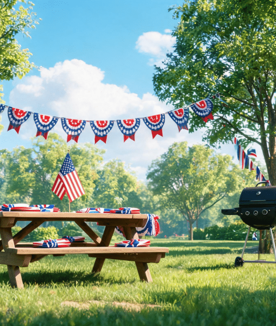 Memorial Day outdoor setup with picnic table, American flags, and decorations creating a simple and festive family setting