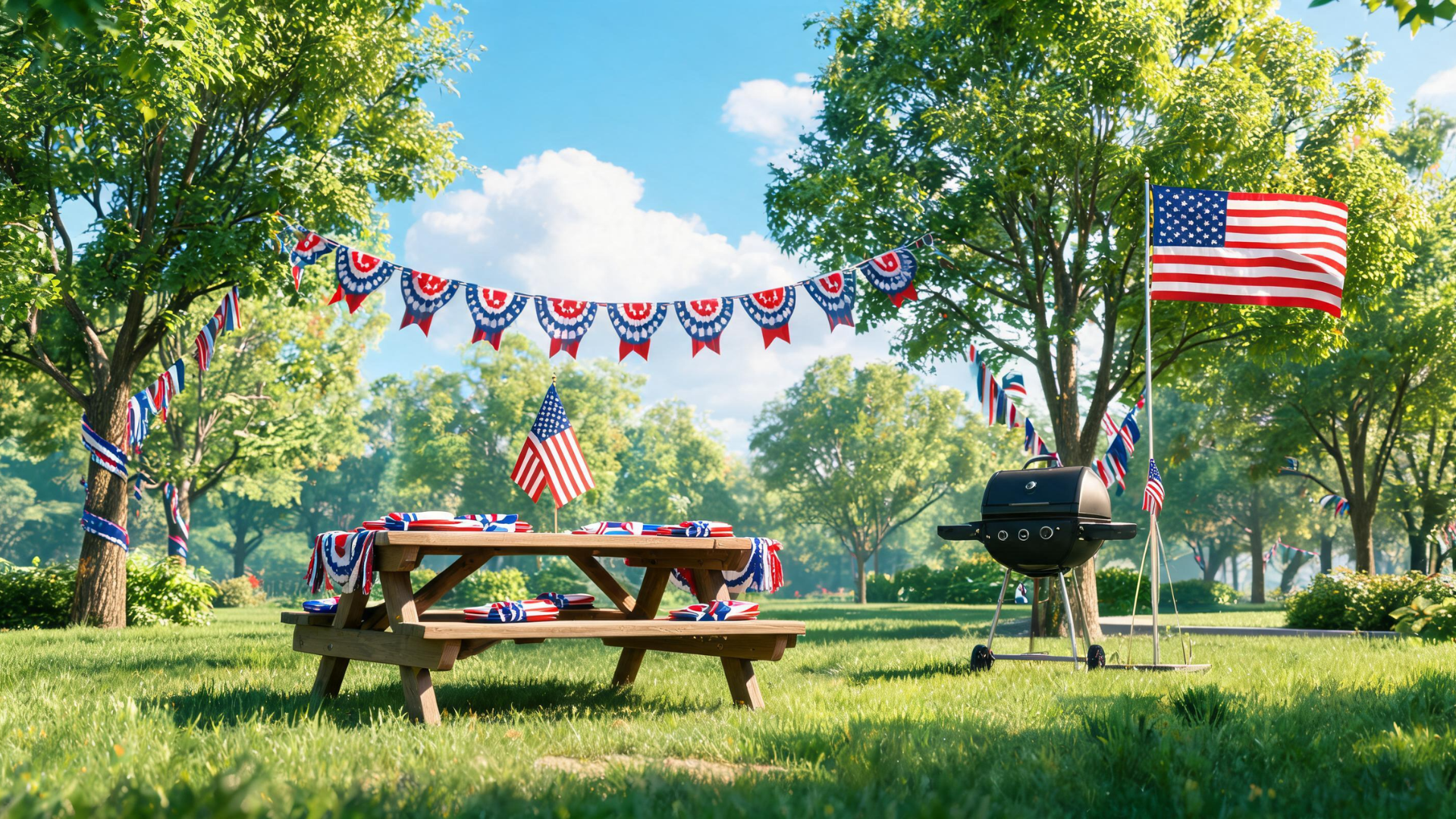 Memorial Day outdoor setup with picnic table, American flags, and decorations creating a simple and festive family setting