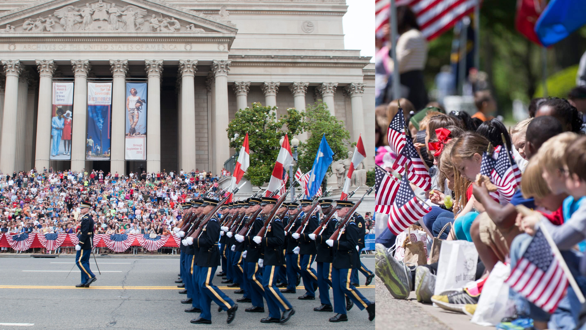 Memorial Day parade with flags and decorated streets in a bright outdoor setting