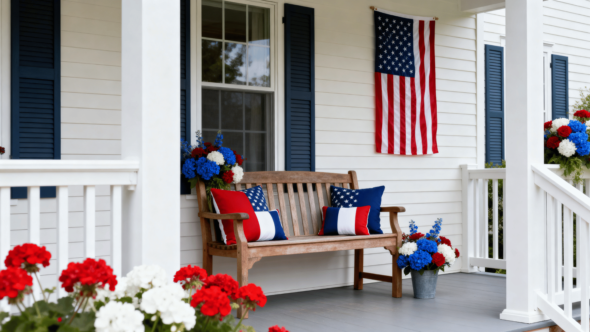 Memorial Day porch decor with red, white and blue colors and American flag