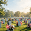 Memorial Day scene with flags and flowers at graves, showing respect and remembrance for fallen soldiers