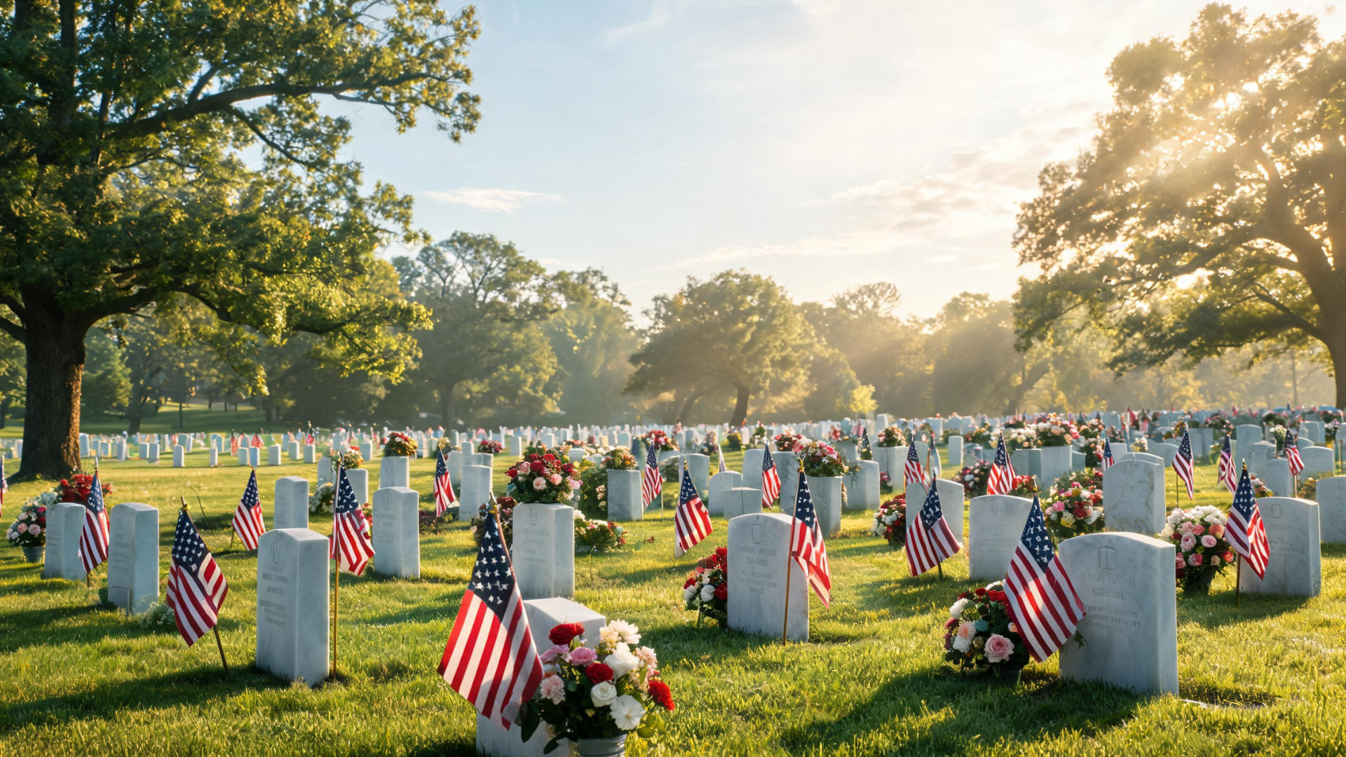 Memorial Day scene with flags and flowers at graves, showing respect and remembrance for fallen soldiers