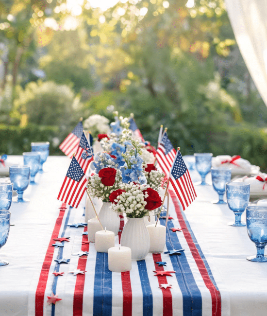 Memorial Day table setup with red white and blue decor in a clean and balanced hero image style