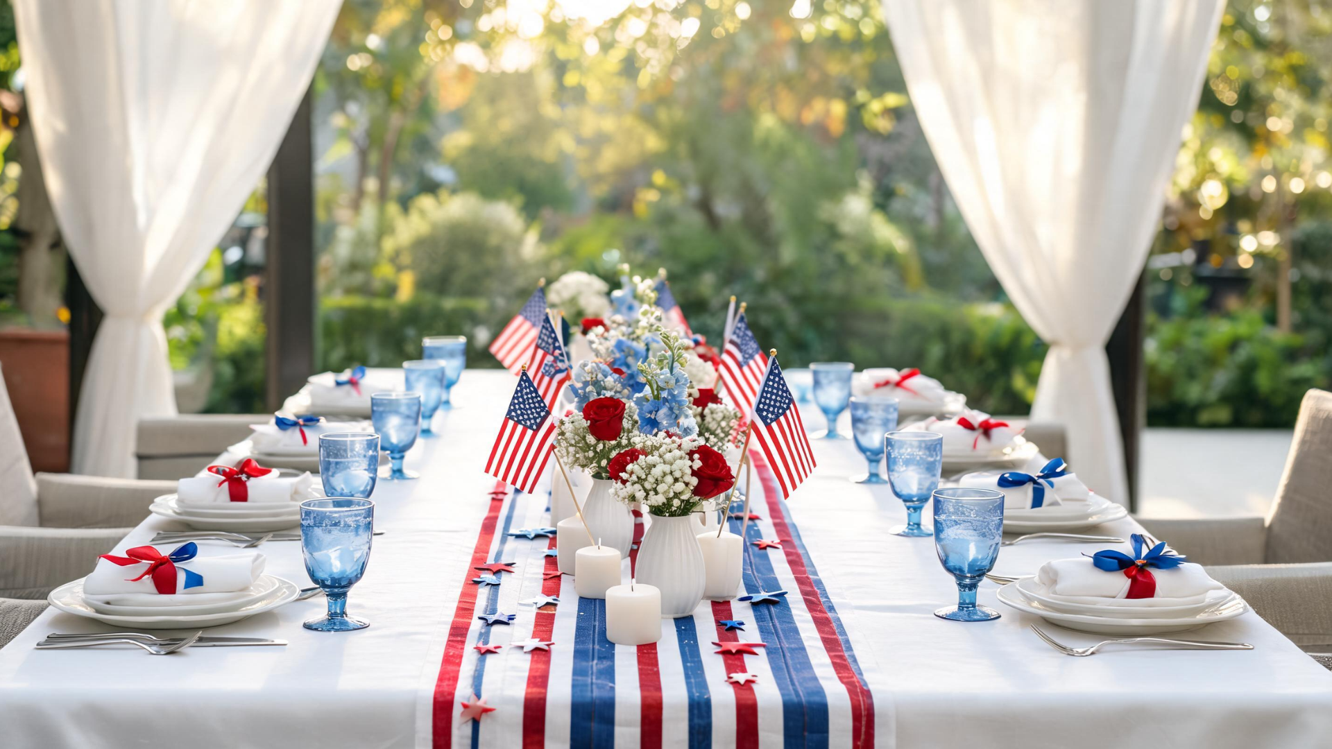Memorial Day table setup with red white and blue decor in a clean and balanced hero image style