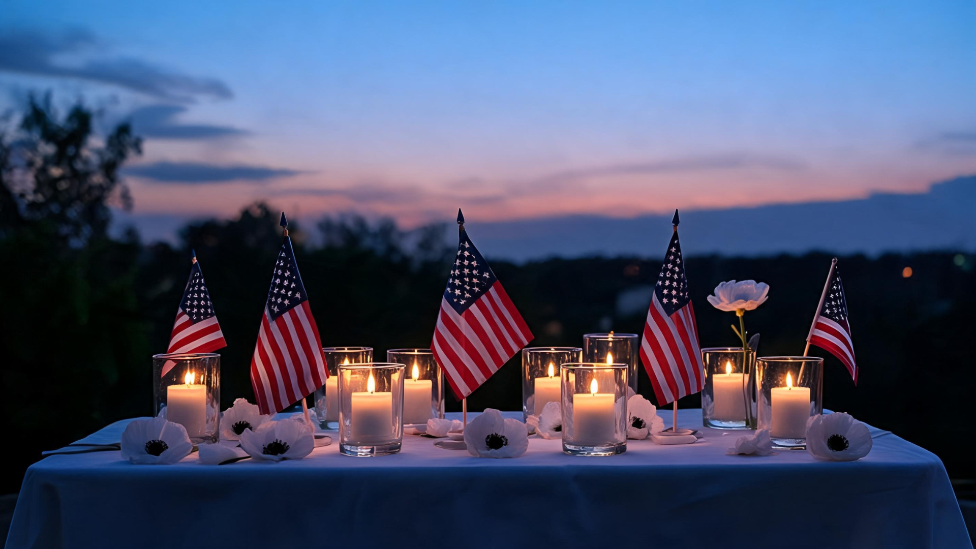 Memorial Day table with candlelight creating a calm and respectful evening setting