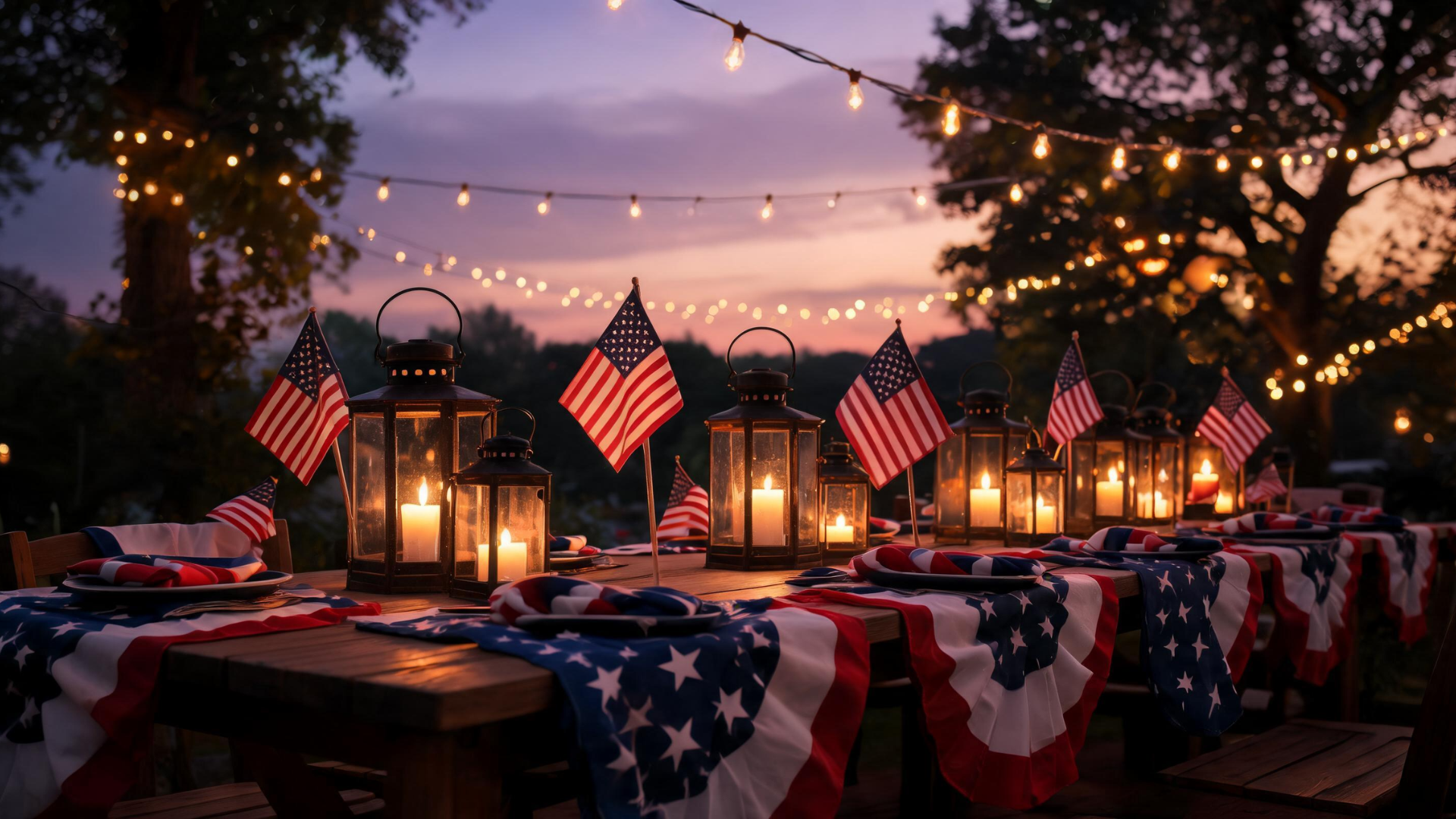 Memorial Day table with lanterns and string lights creating a warm evening atmosphere