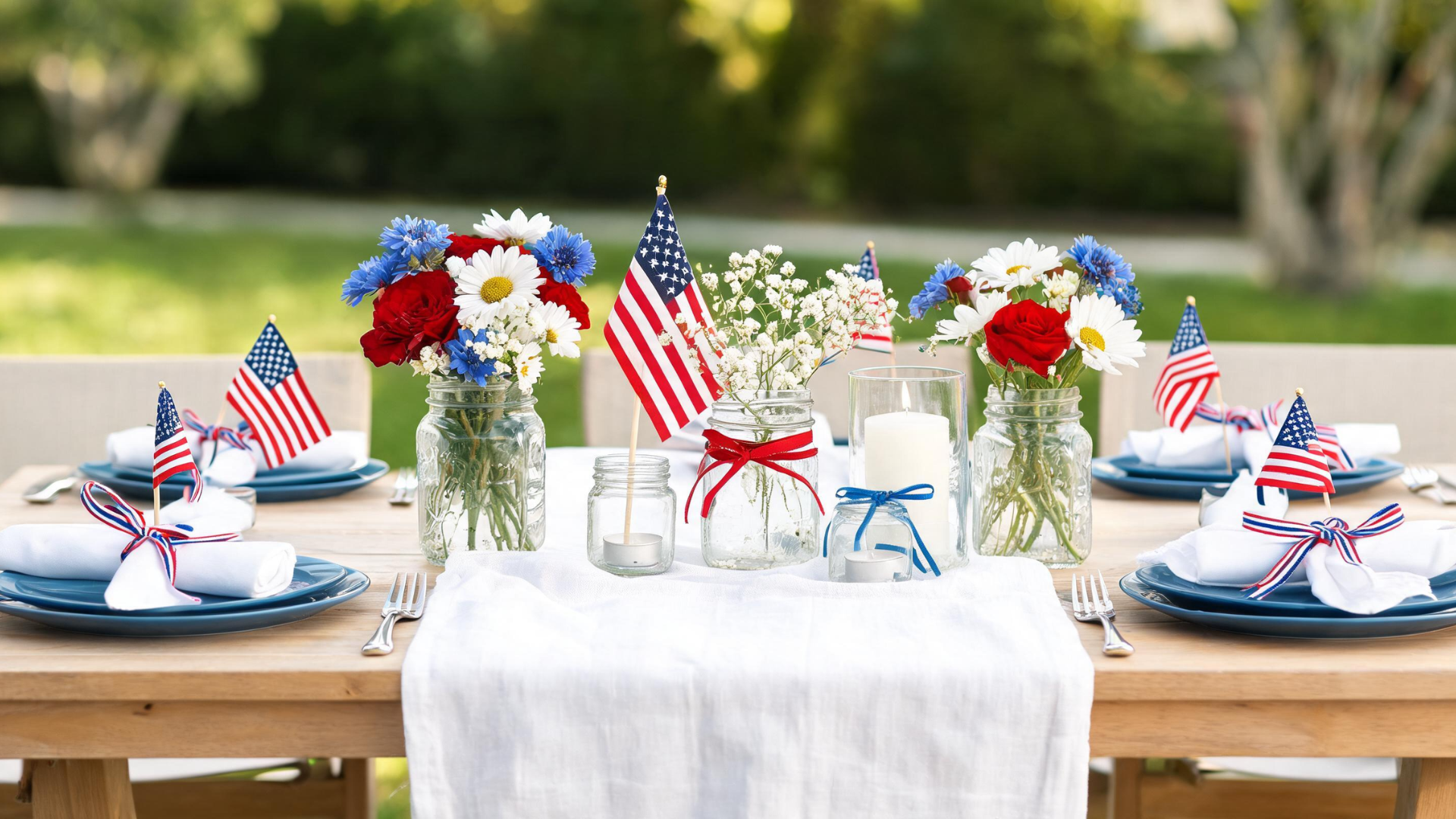 Memorial Day table with patriotic centerpieces, including flowers, candles, and flags in red, white, and blue theme
