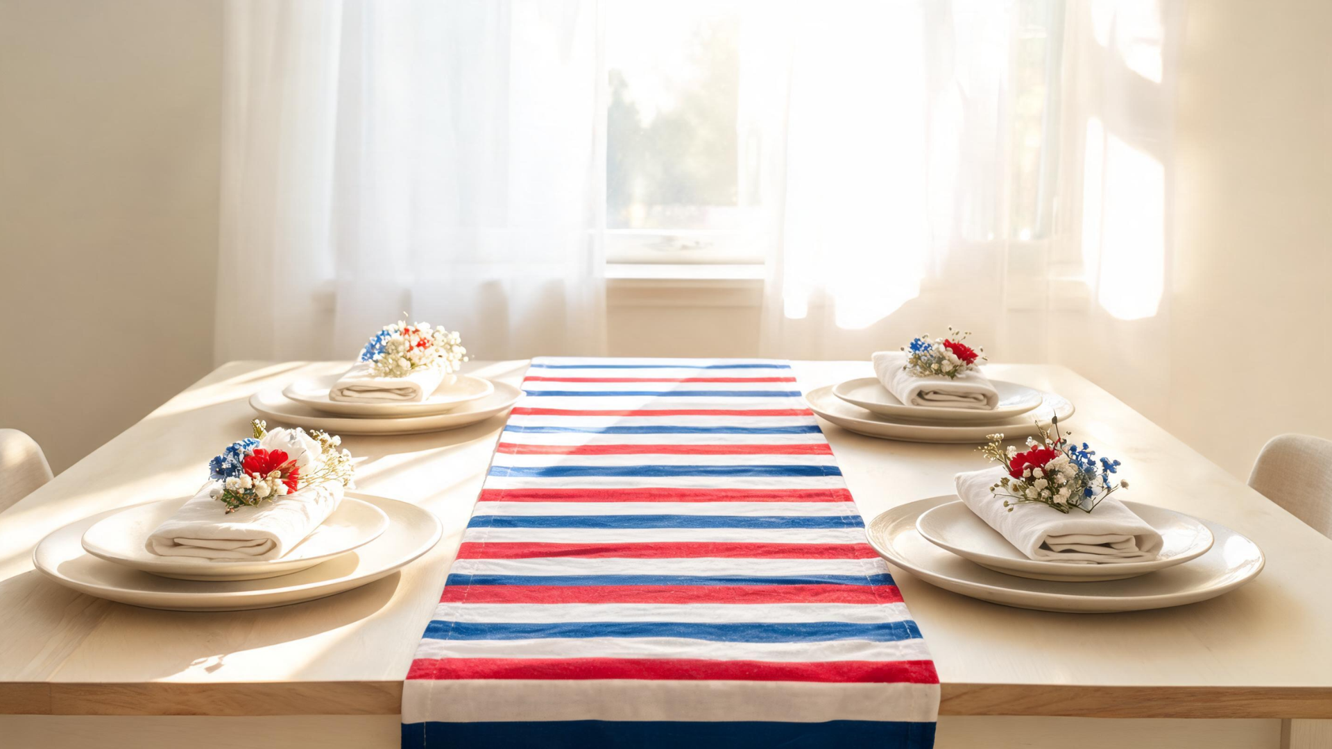 Memorial Day table with red white and blue runner, neutral plates, and a clean balanced setup