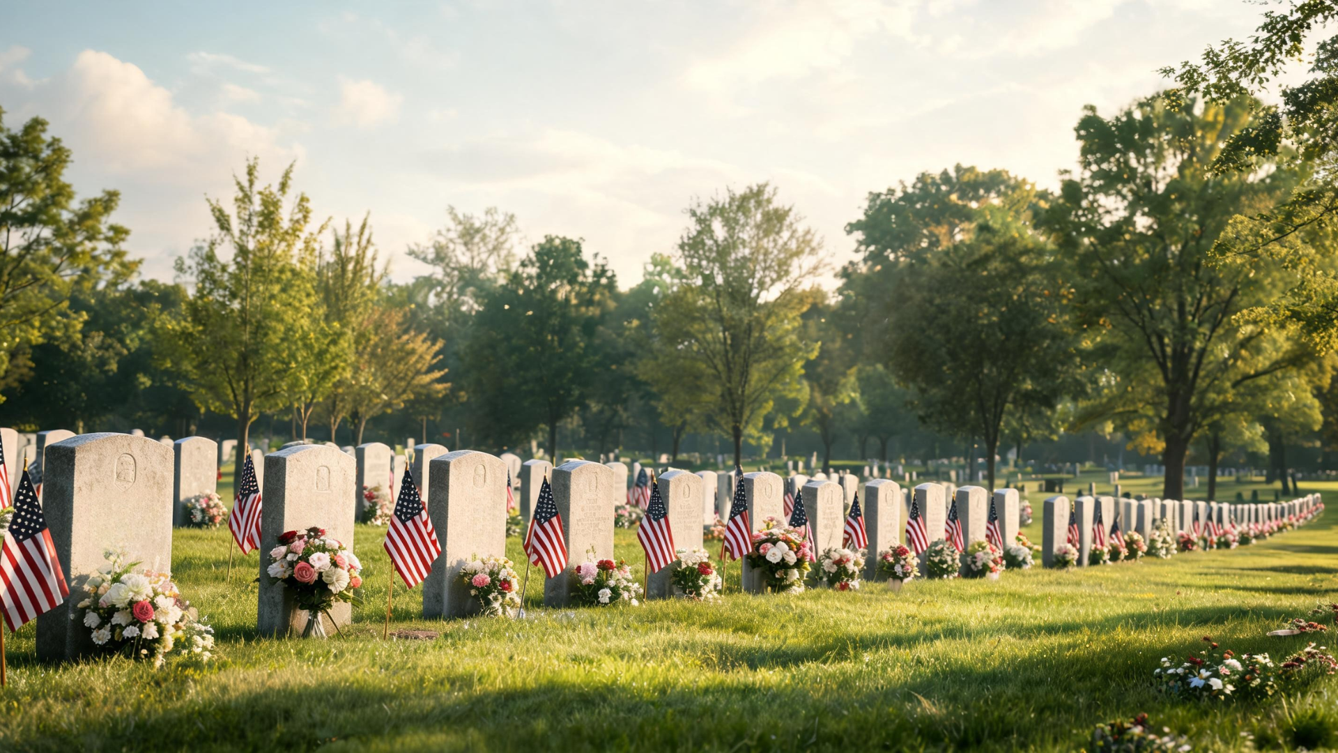 Memorial site with flags, engraved names, and flowers arranged in a peaceful outdoor setting