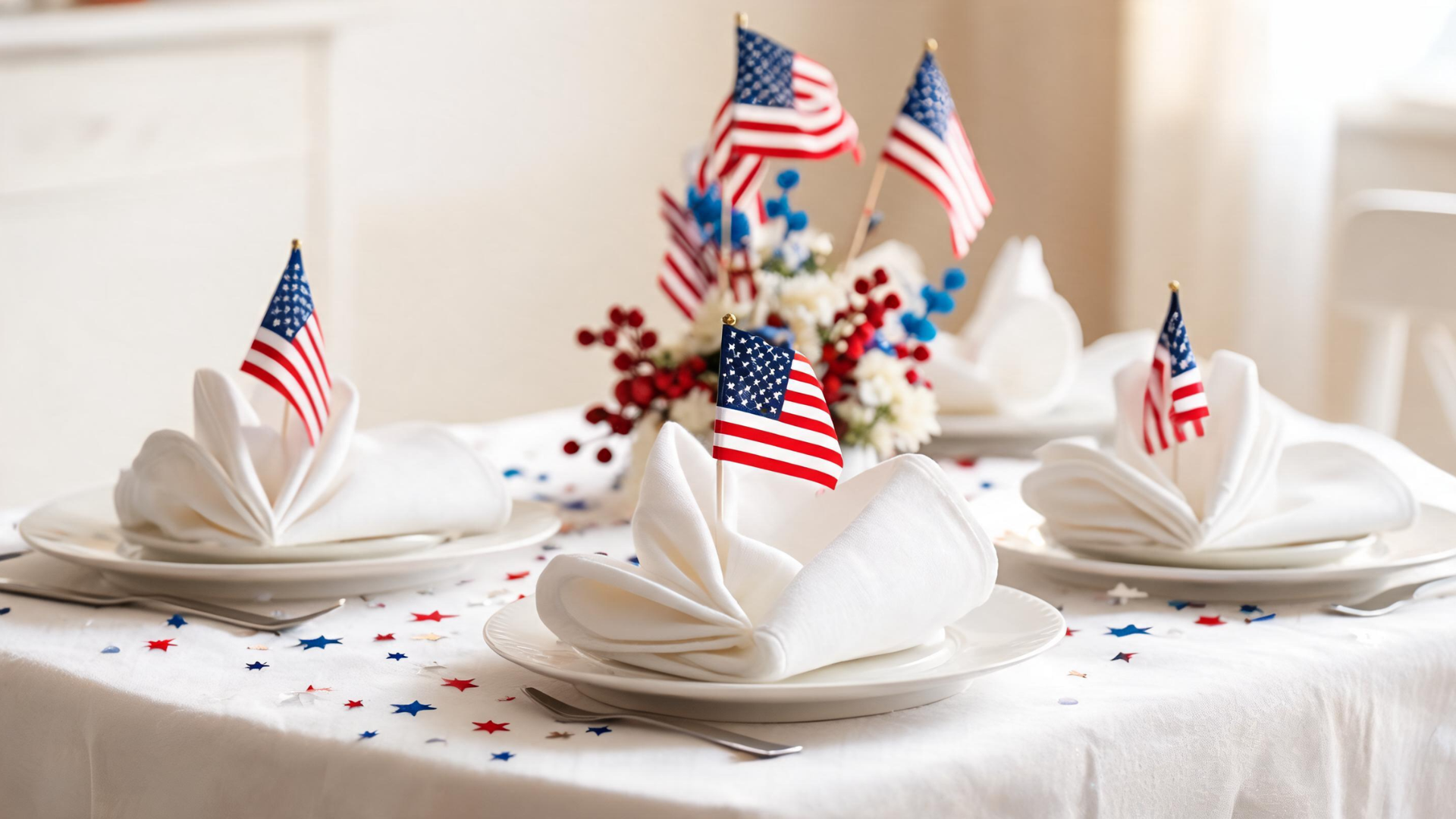 Mini American flags placed neatly in table settings adding a simple patriotic touch