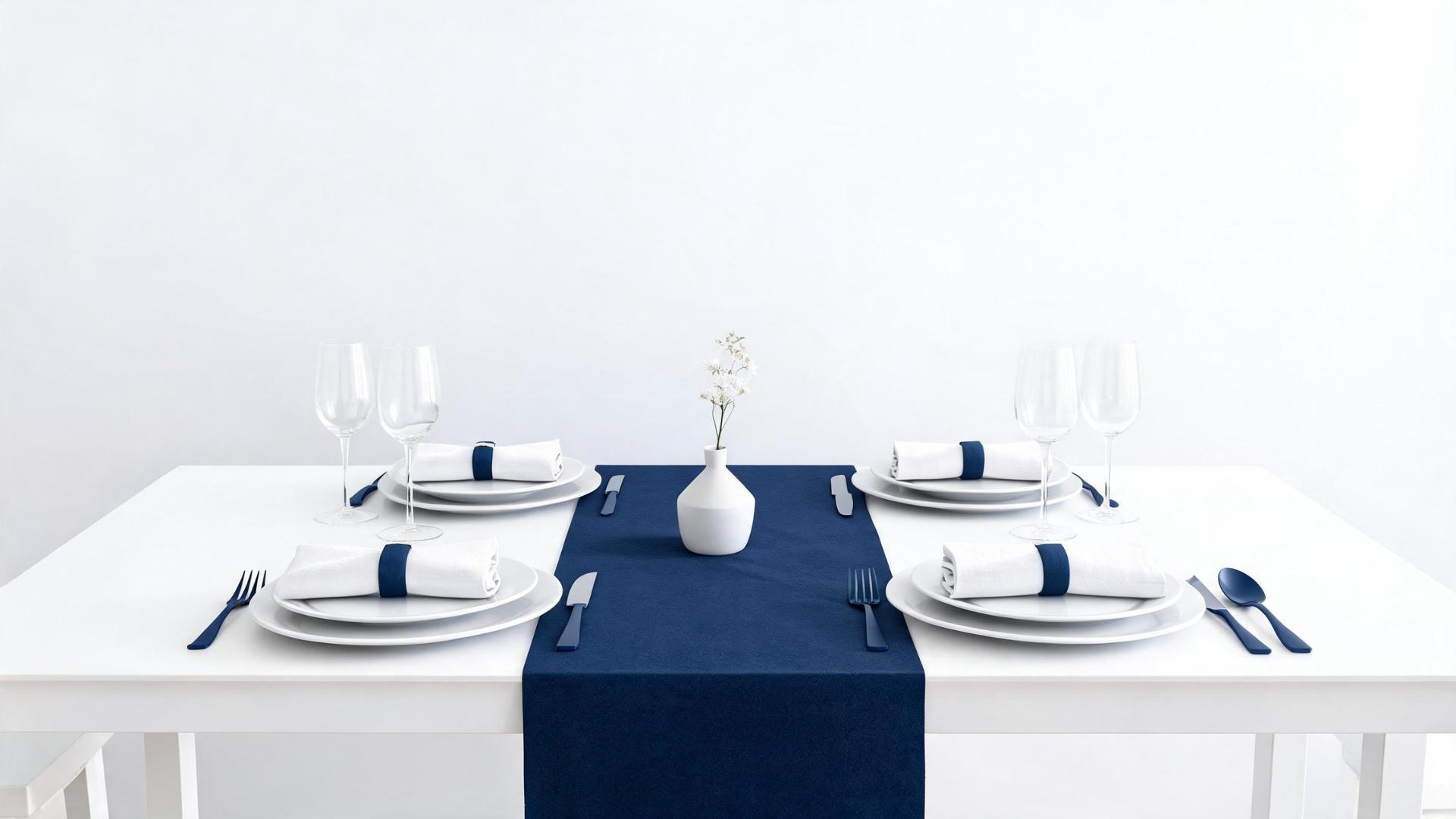 Navy and white Memorial Day table setup with minimal decor and a clean modern look