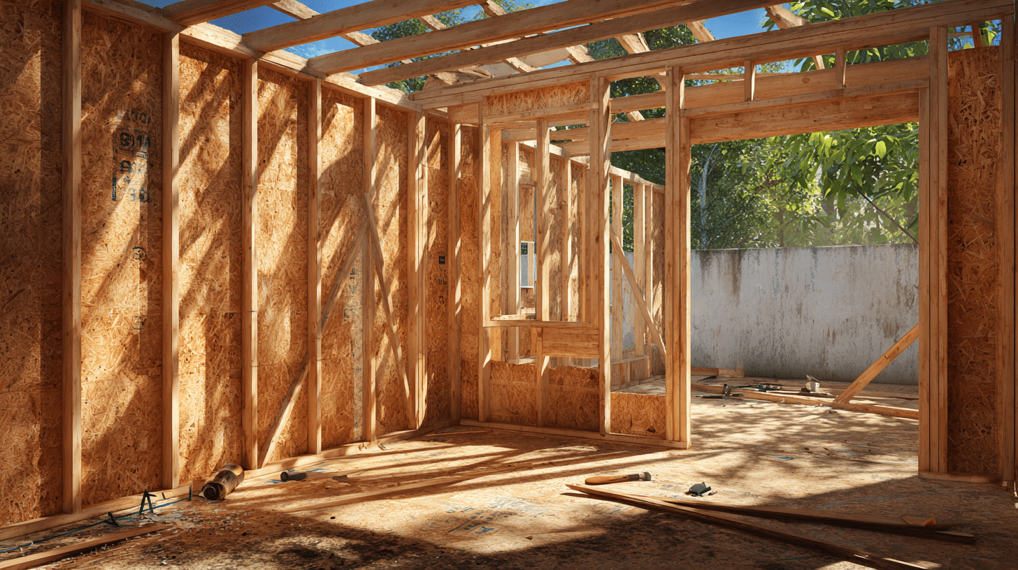 OSB wood sheathing panels cover the interior wall frames of a shed under construction with tools scattered on the floor