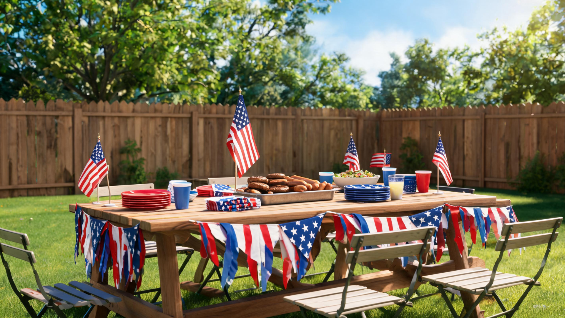 Outdoor BBQ table with simple patriotic decor and durable tableware for casual gathering