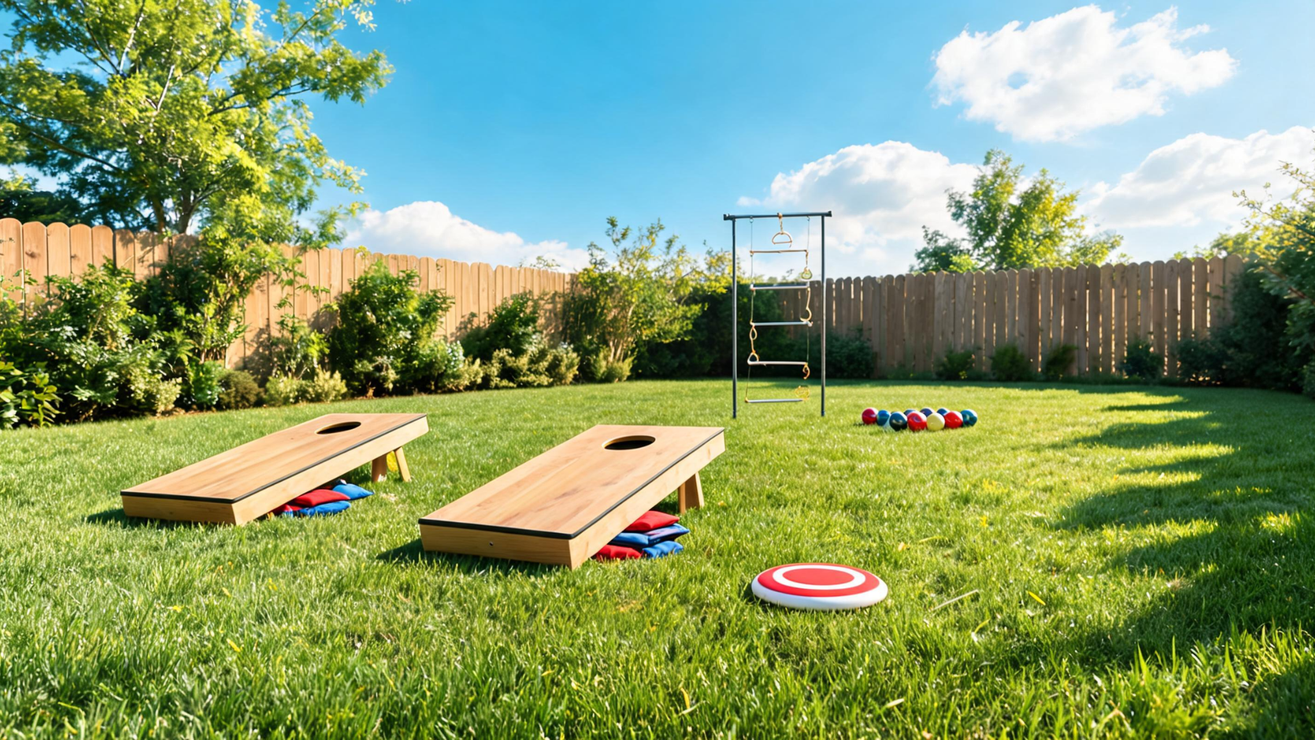 Outdoor lawn games like frisbee and cornhole set up on grass for a simple Memorial Day activity
