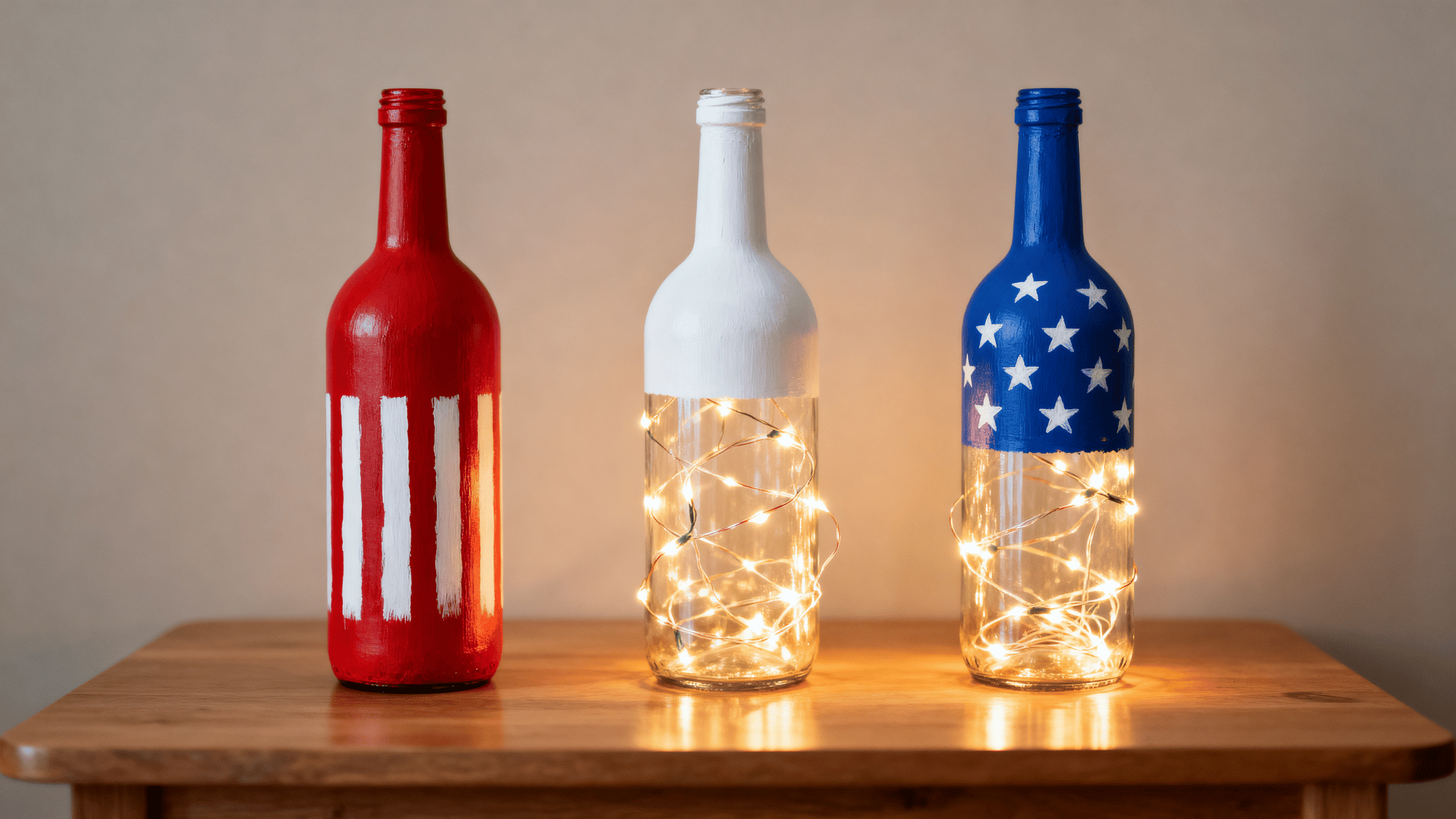 Painted bottles with fairy lights on simple table