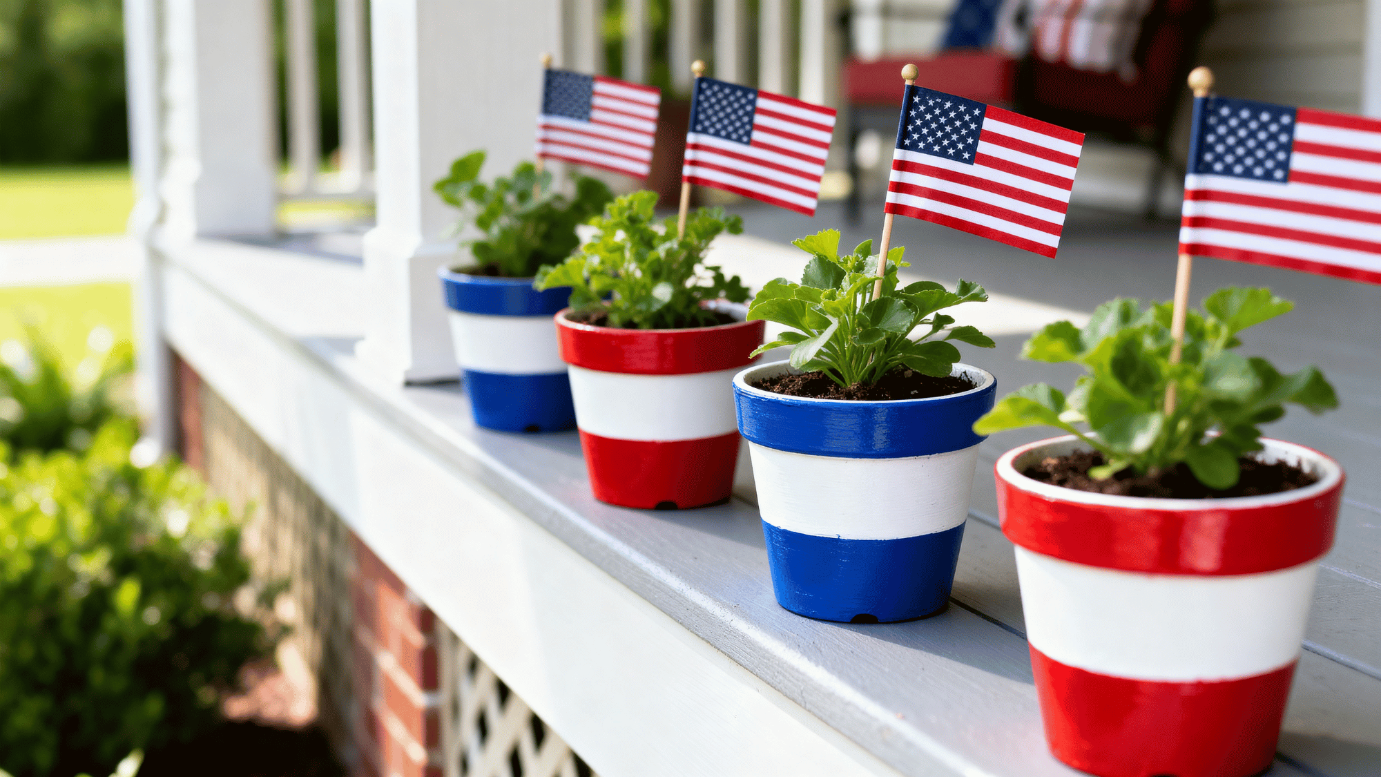 Painted flower pots with plants and mini flags (1)