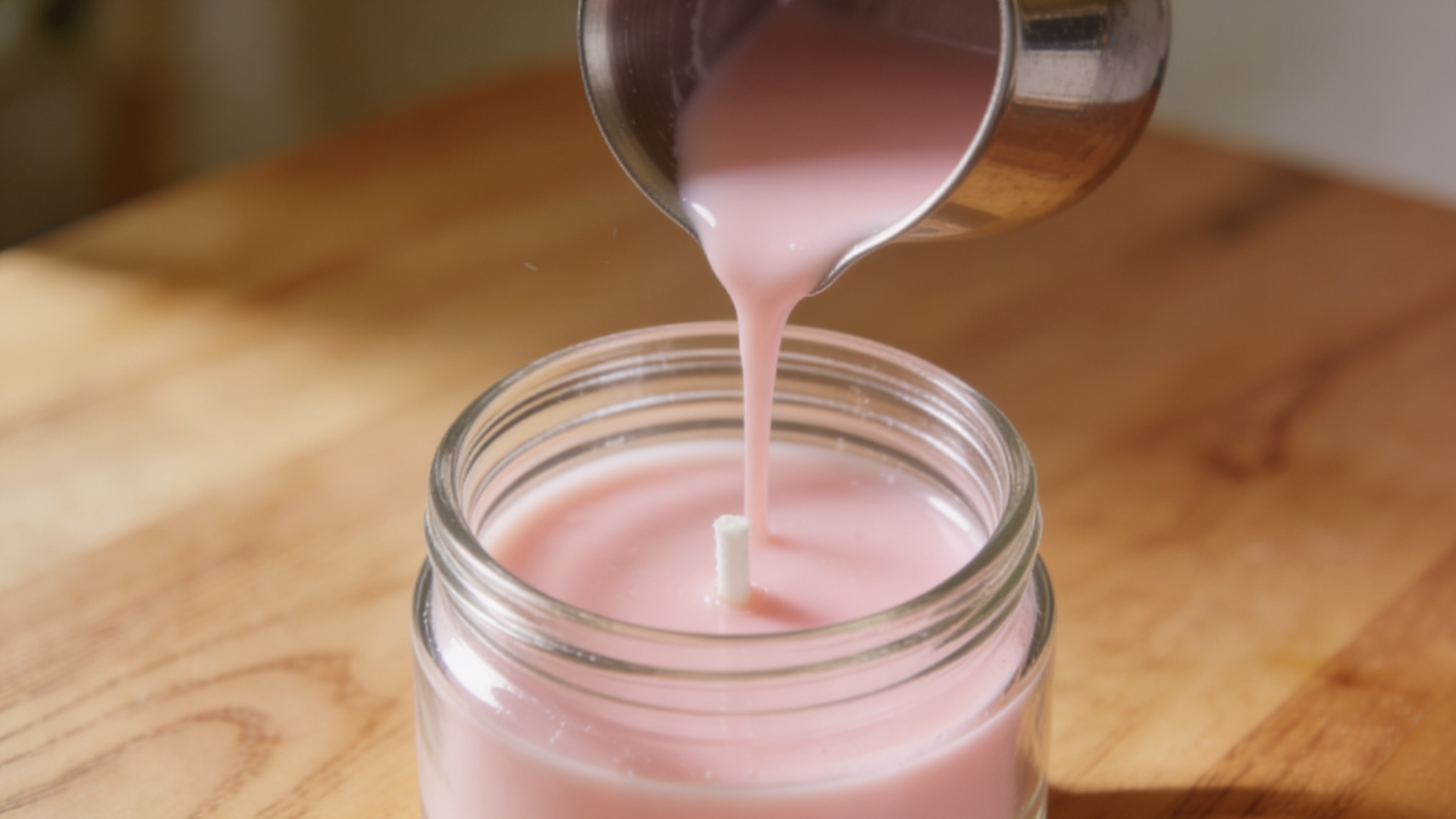 Pale pink melted wax being poured steadily from a stainless steel pitcher into a clear glass jar with a white wick centered inside, sitting on a wooden surface.