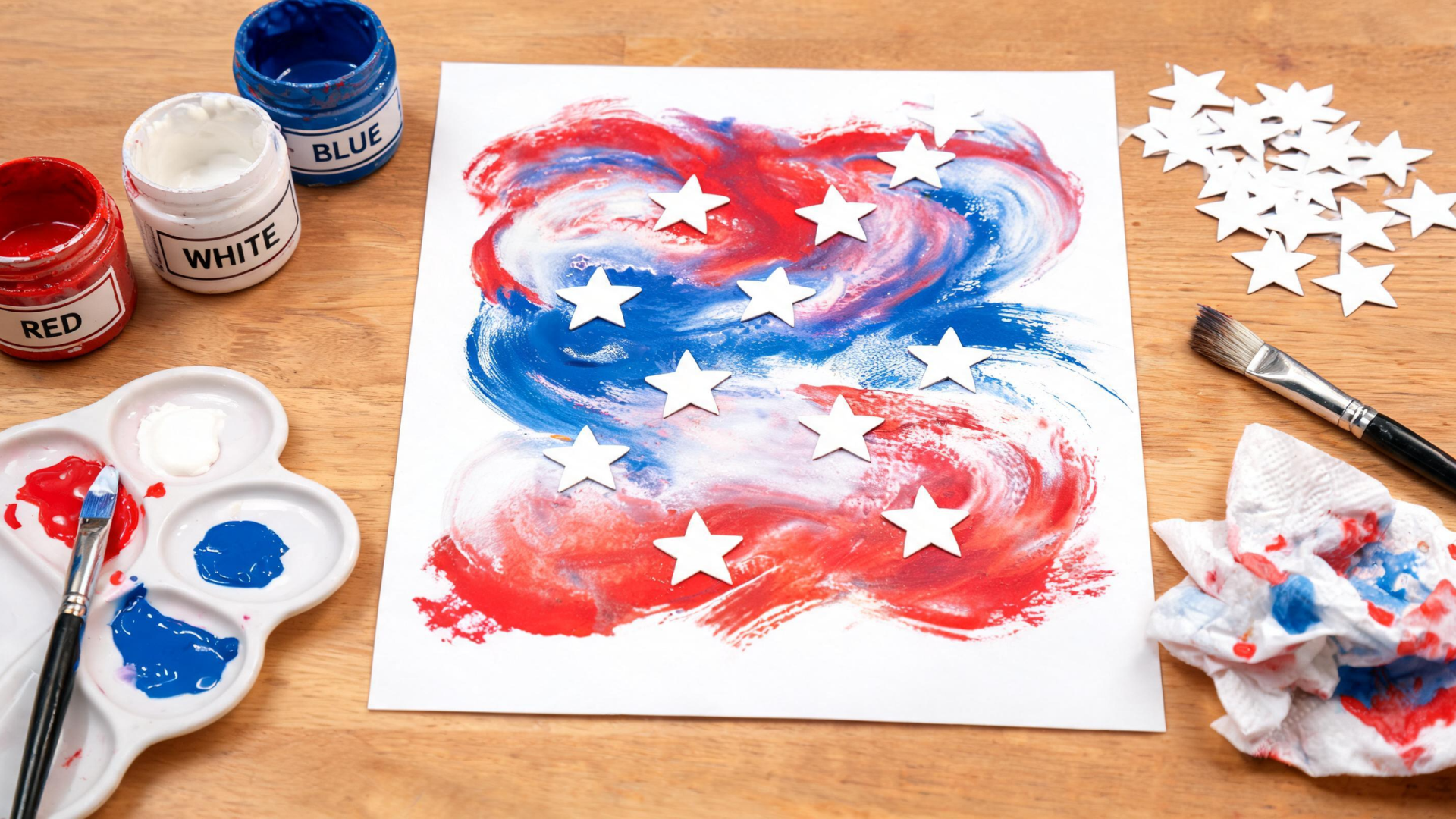 Patriotic art project with red, white, and blue colors and star designs on paper