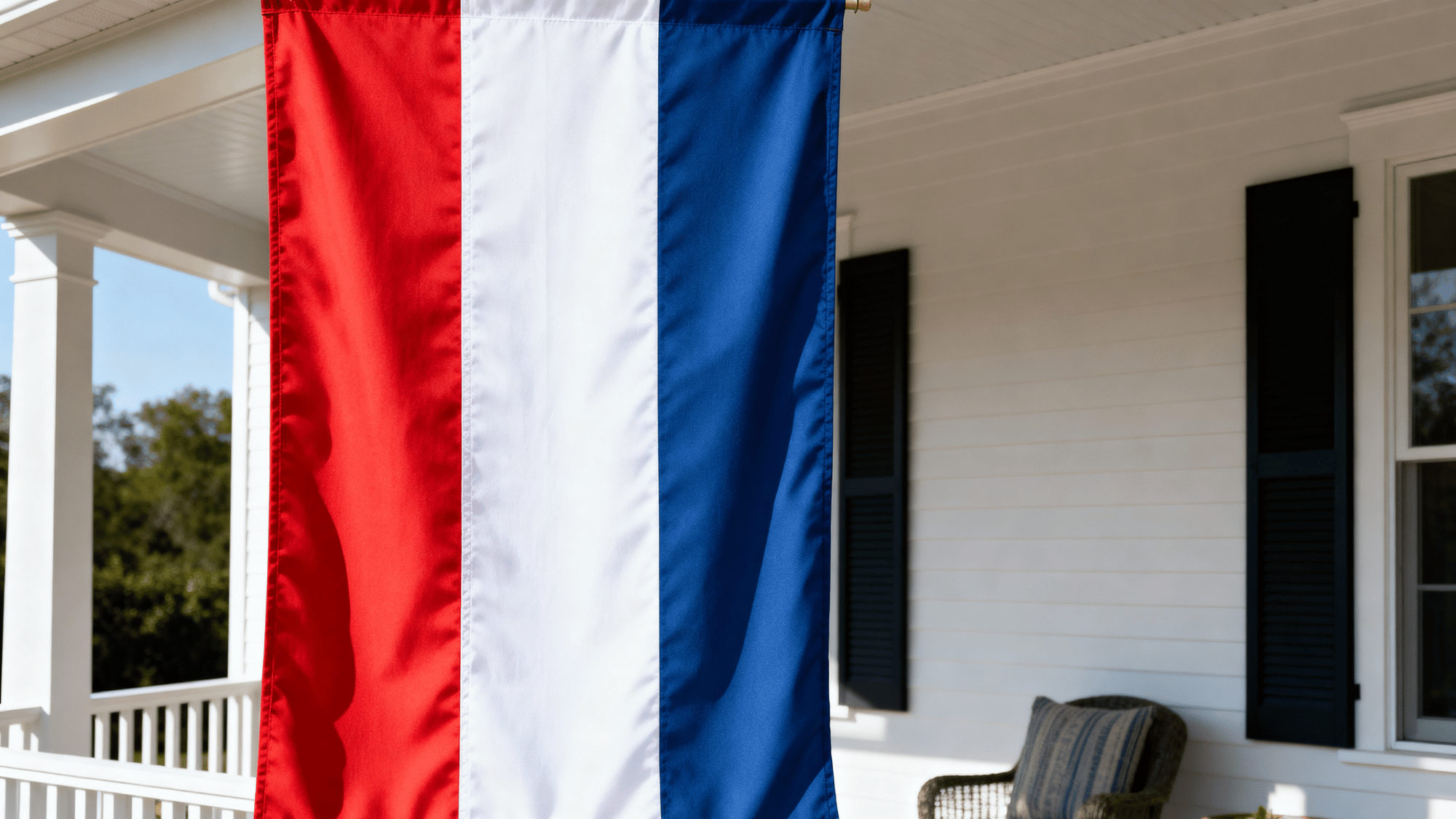 Patriotic banner hanging on porch wall
