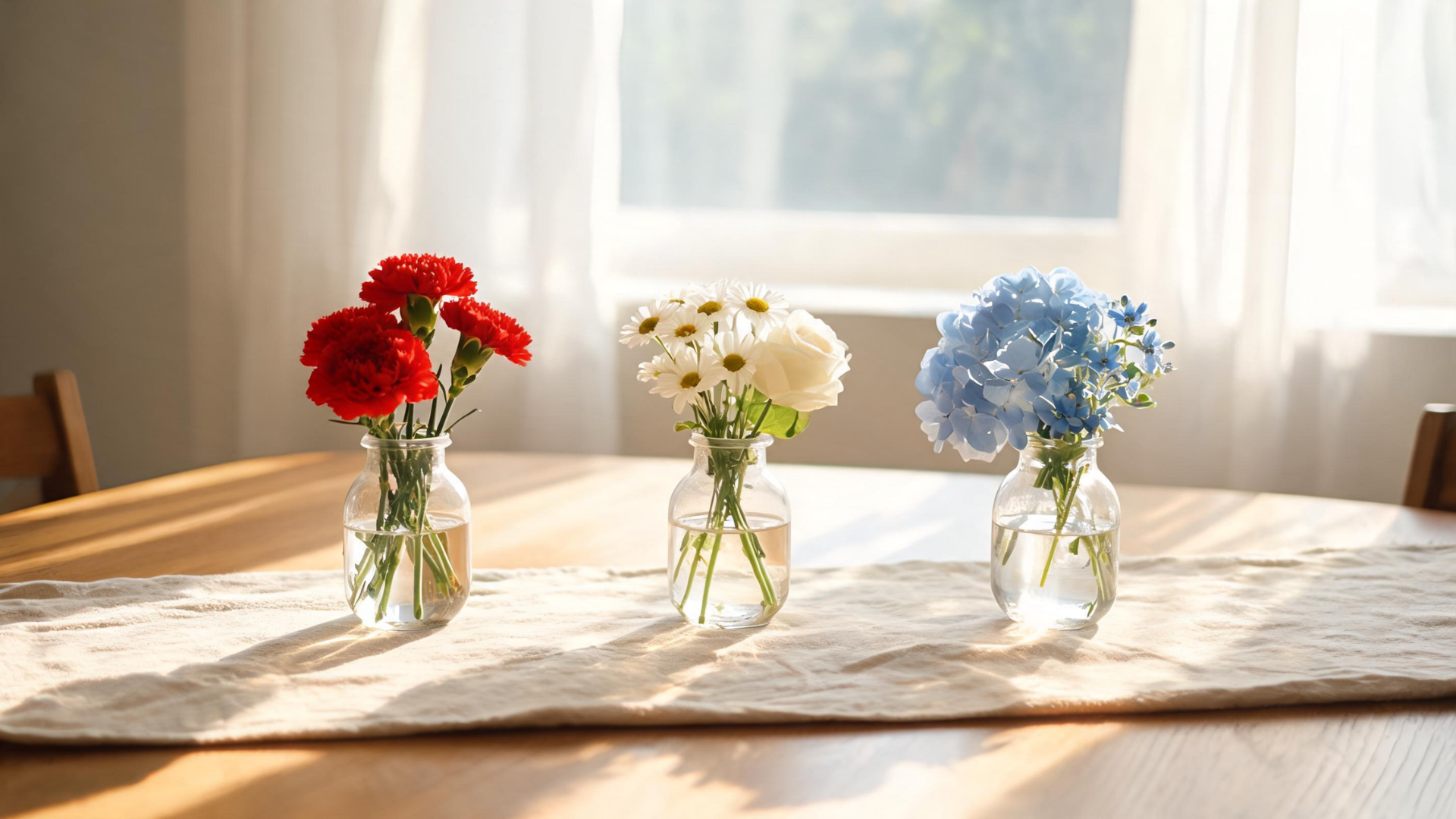 Patriotic floral arrangement with red white and blue flowers placed on a dining table