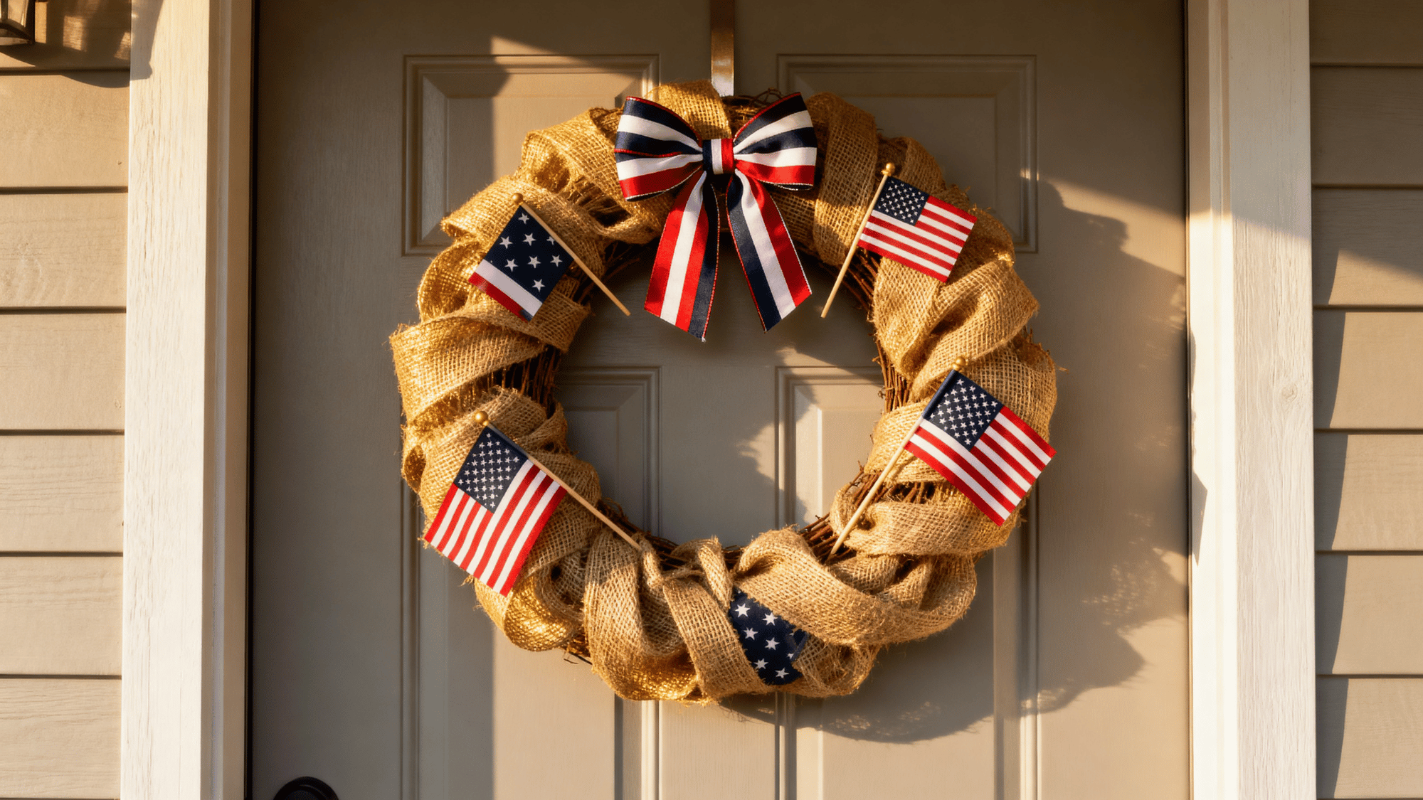 Patriotic wreath with ribbons and flags on front door