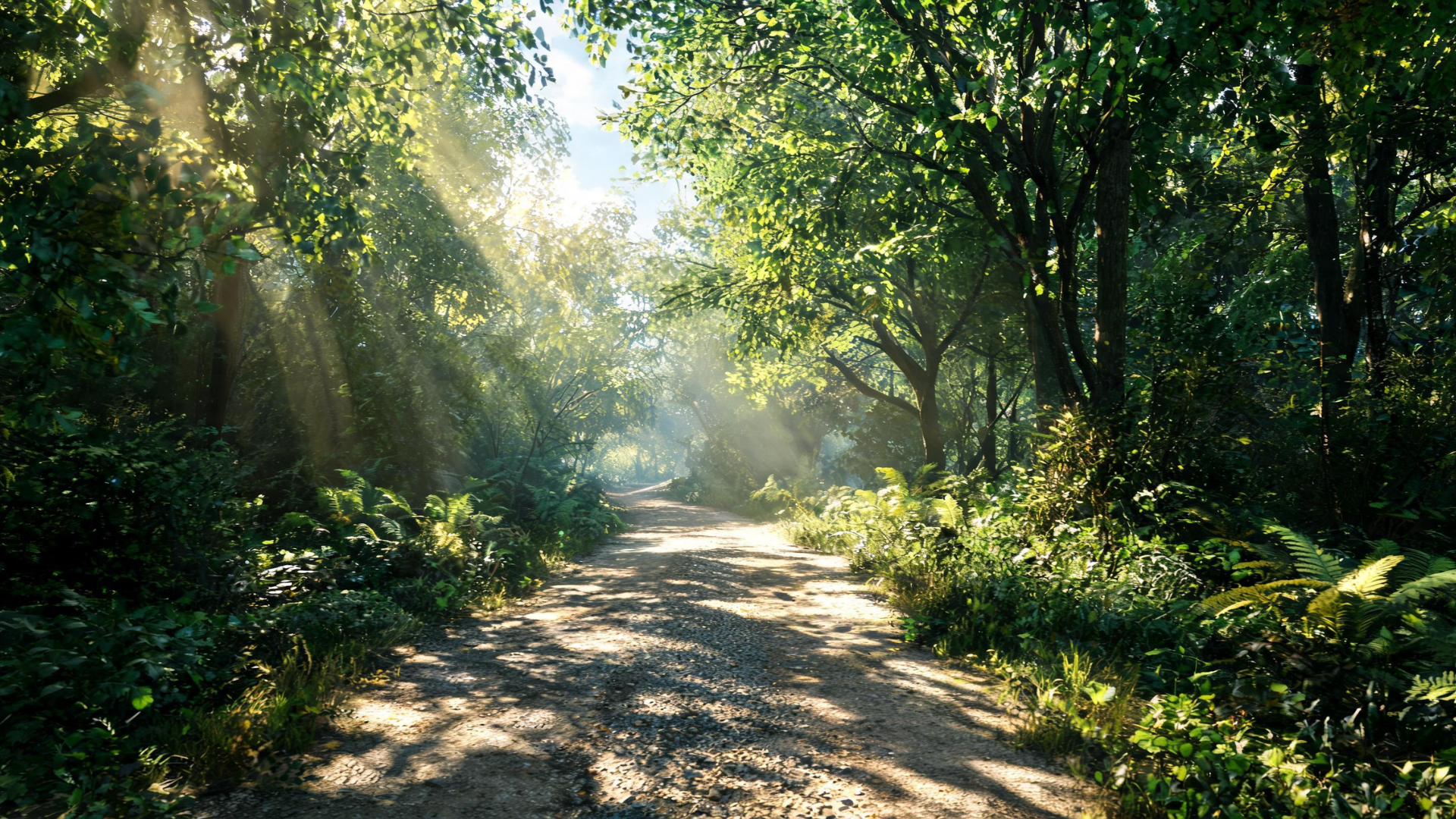 Peaceful nature trail with trees and sunlight creating a calm setting for a Memorial Day walk