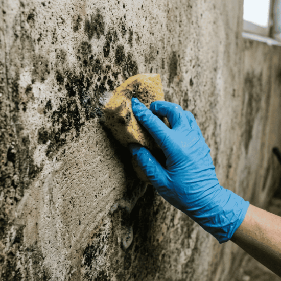 Person removing mold from a wall using white vinegar and detergent