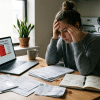 Person reviewing bills and budget papers while trying to stop living paycheck to paycheck