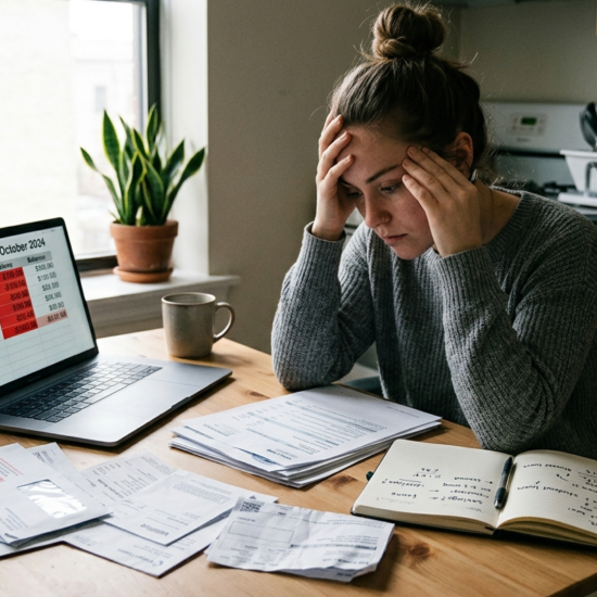 Person reviewing bills and budget papers while trying to stop living paycheck to paycheck
