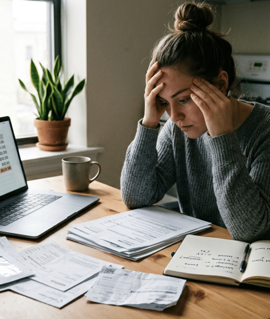 Person reviewing bills and budget papers while trying to stop living paycheck to paycheck