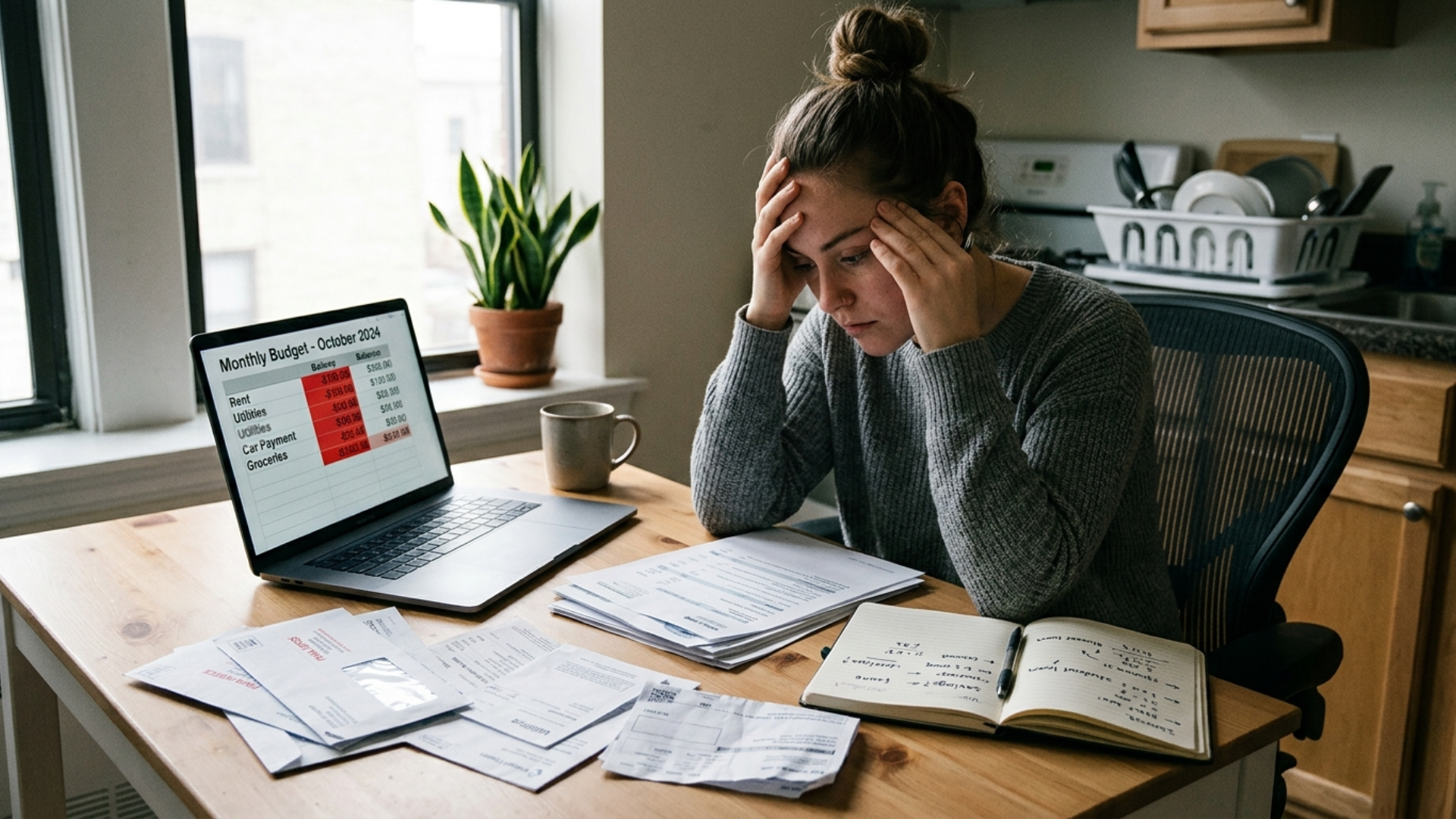 Person reviewing bills and budget papers while trying to stop living paycheck to paycheck