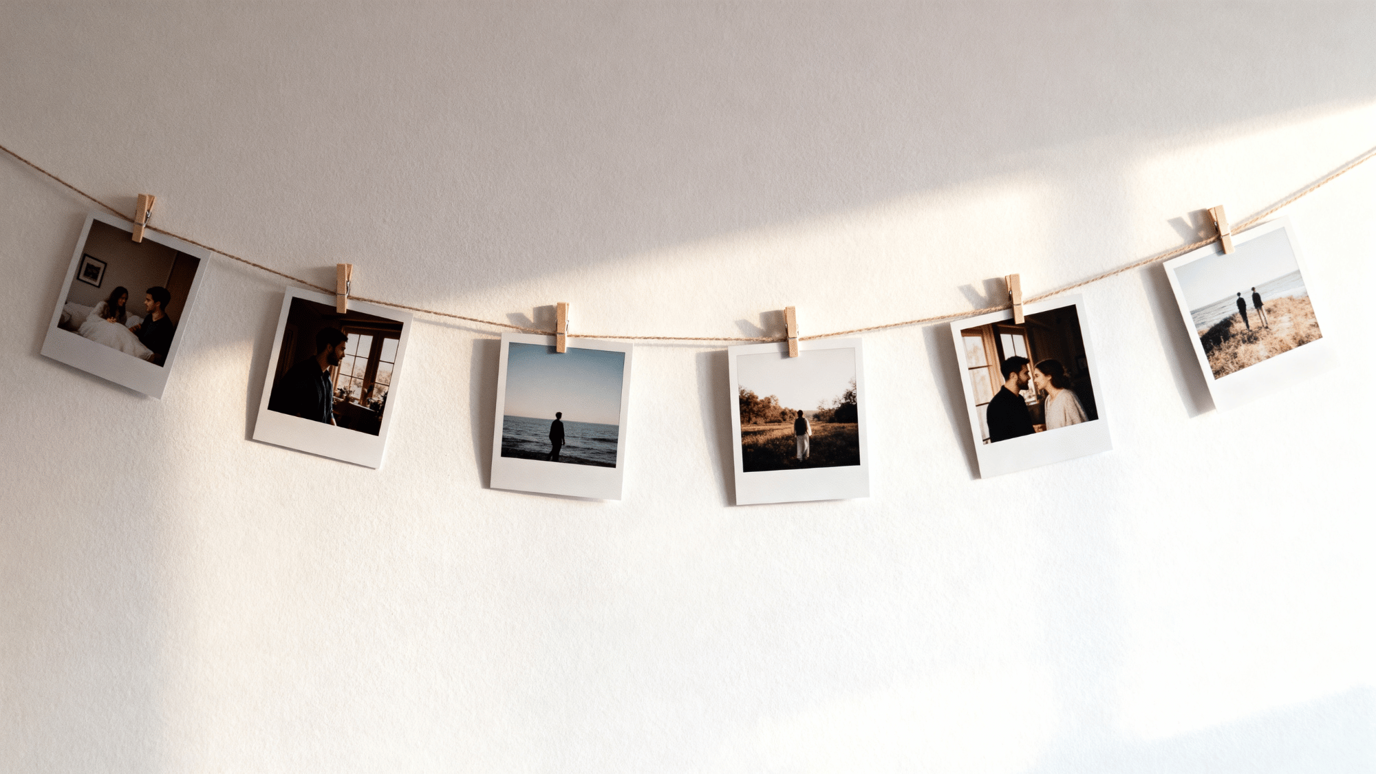 Photo display with clips on string against wall