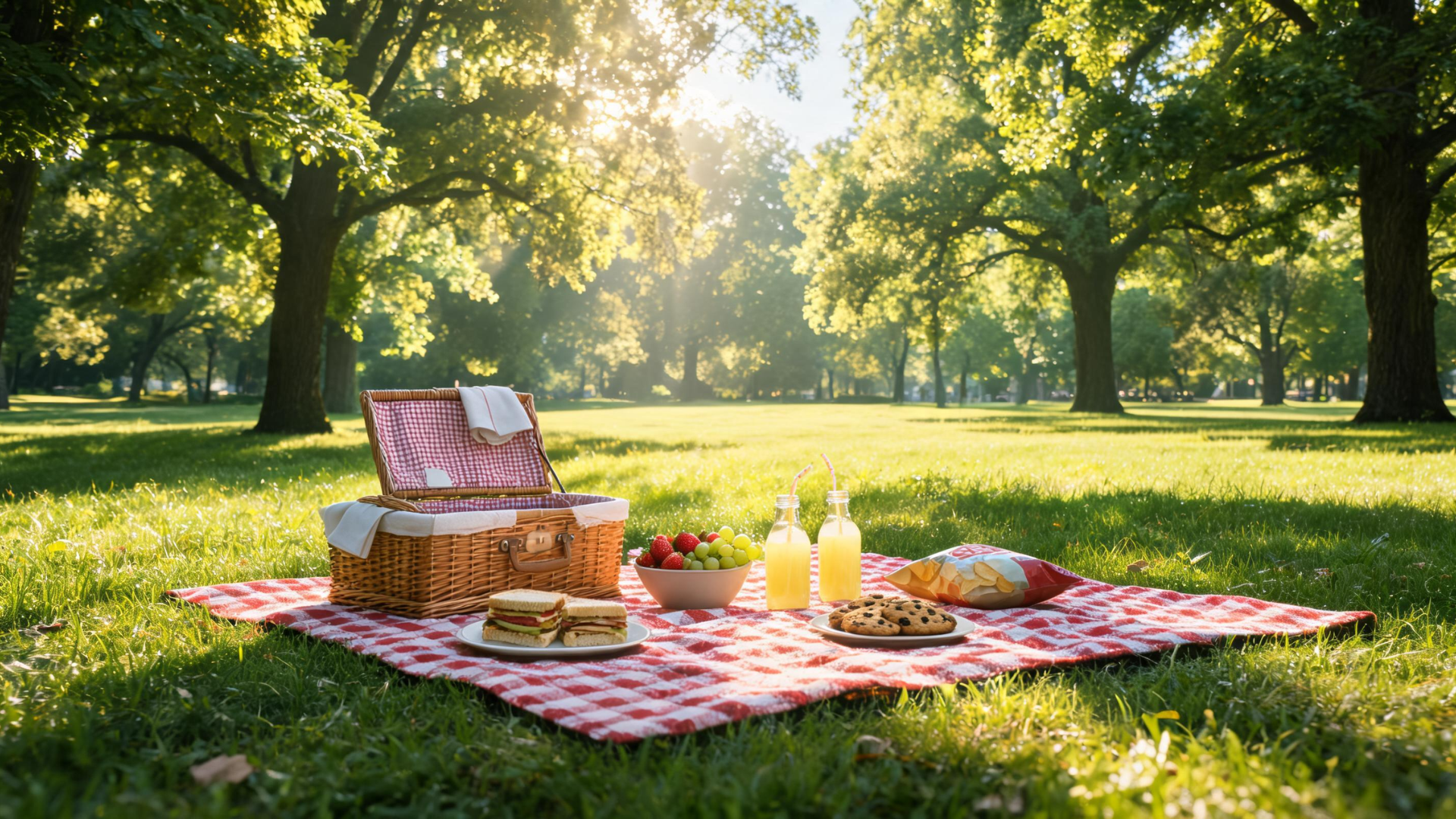 Picnic setup with blanket, basket, and simple food placed in a peaceful outdoor park setting