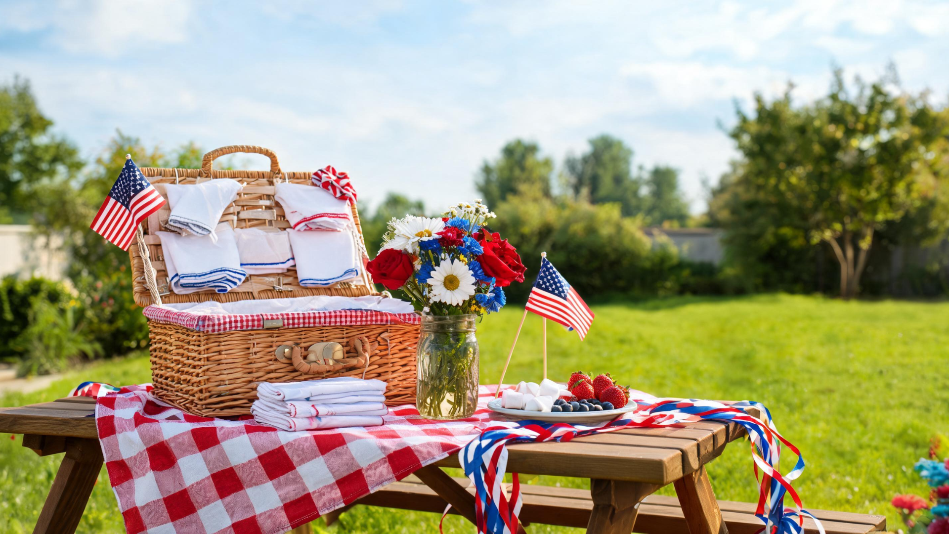 Picnic-style centerpiece with basket, flowers, and decor items on a casual Memorial Day table