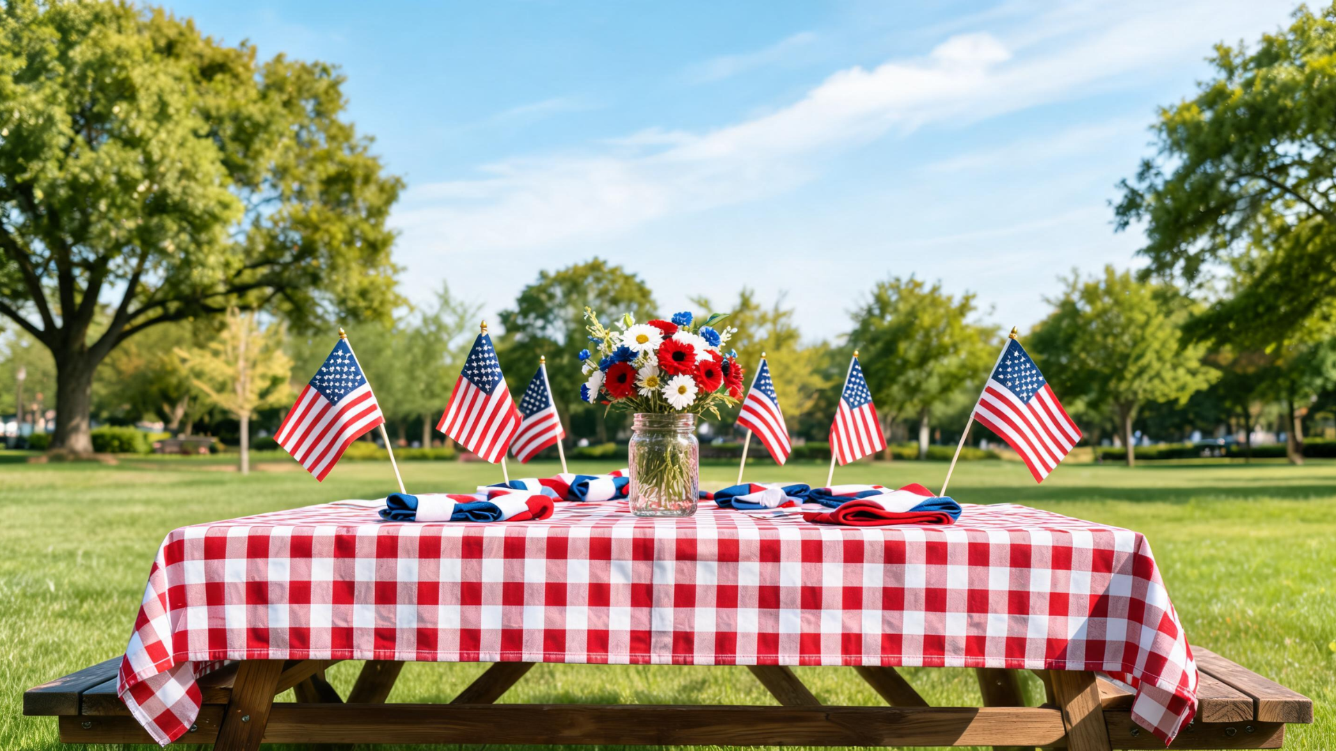 Picnic style table with checkered cloth and simple patriotic decorations outdoors