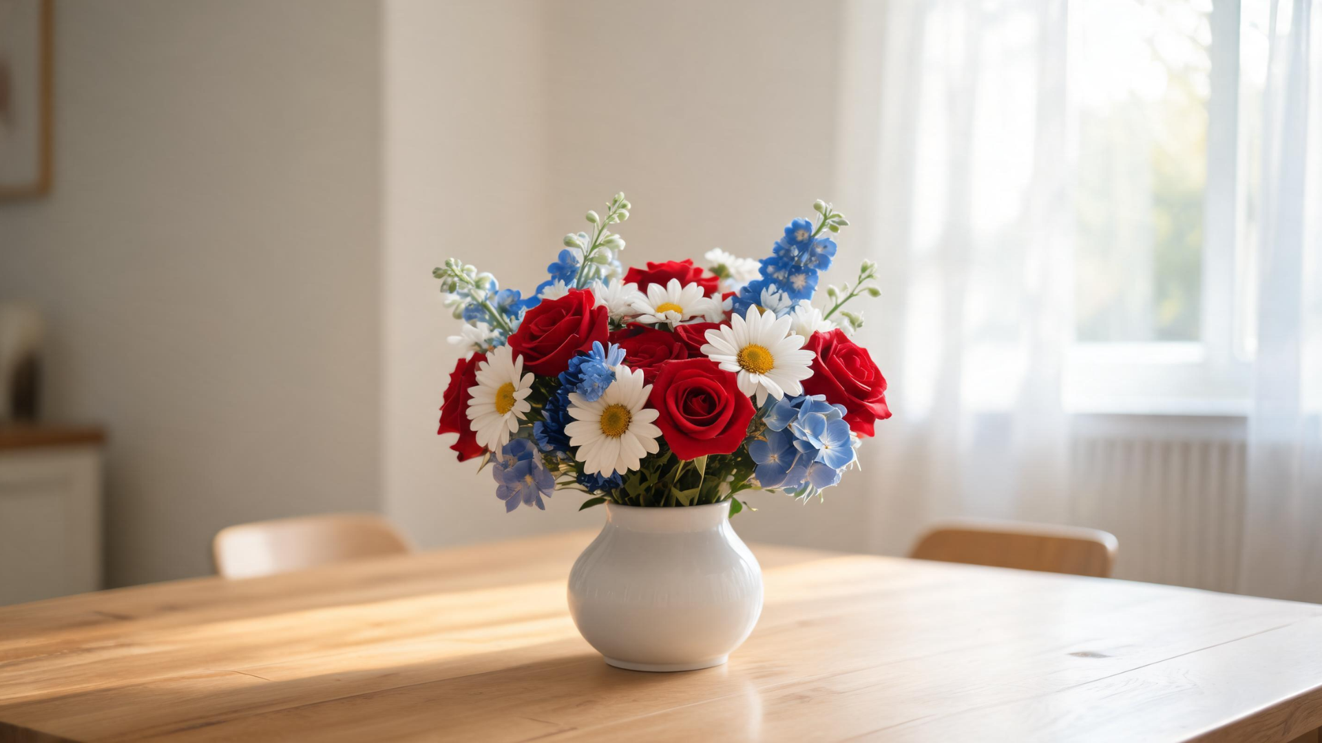 Red, white, and blue flower arrangement in a vase placed at the center of a Memorial Day table