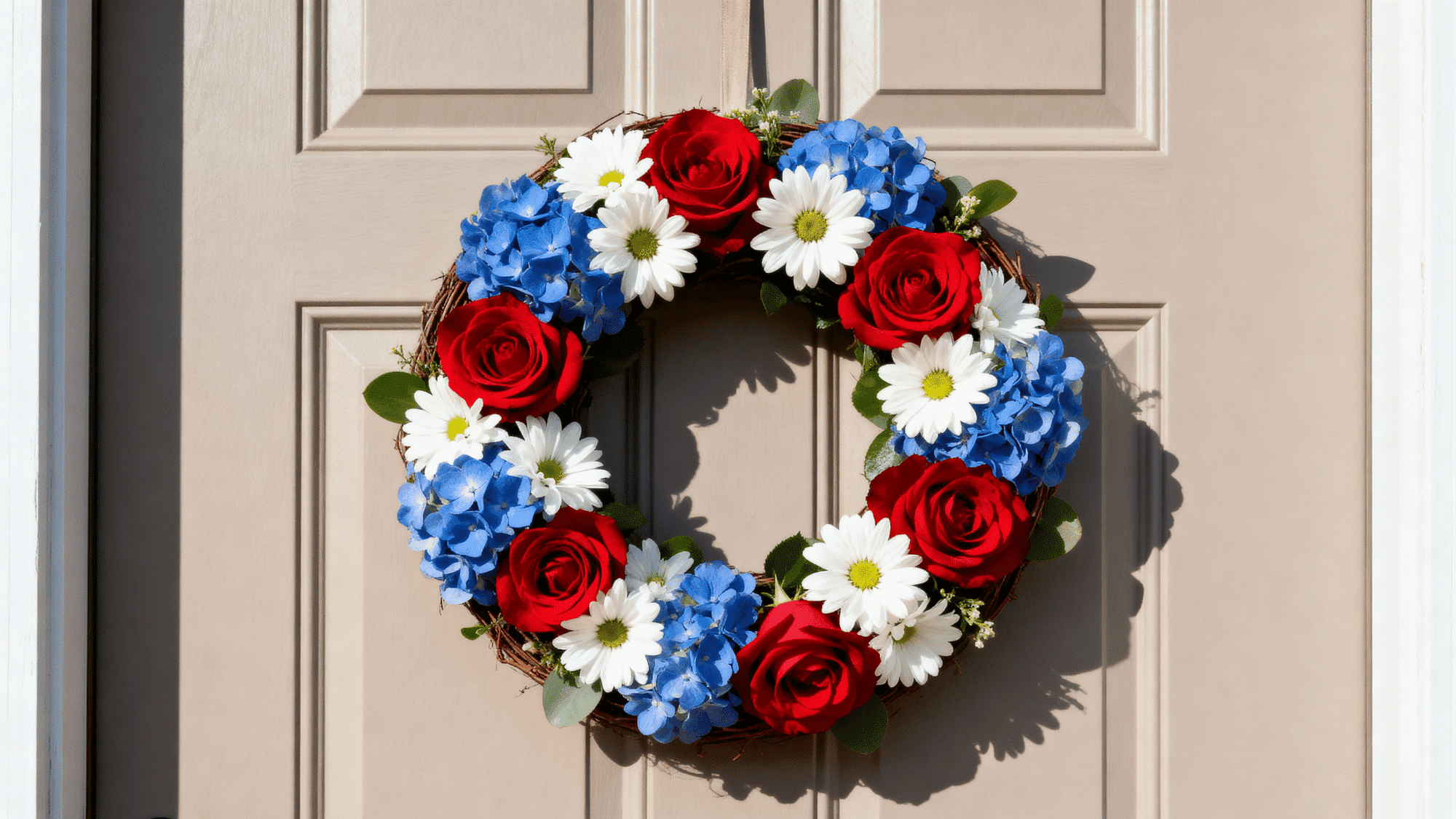 Red white blue floral wreath with roses and hydrangeas on a front door