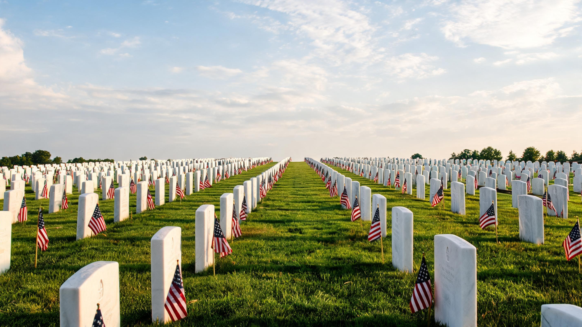 Rows of white headstones with American flags at a memorial site creating a quiet and respectful scene