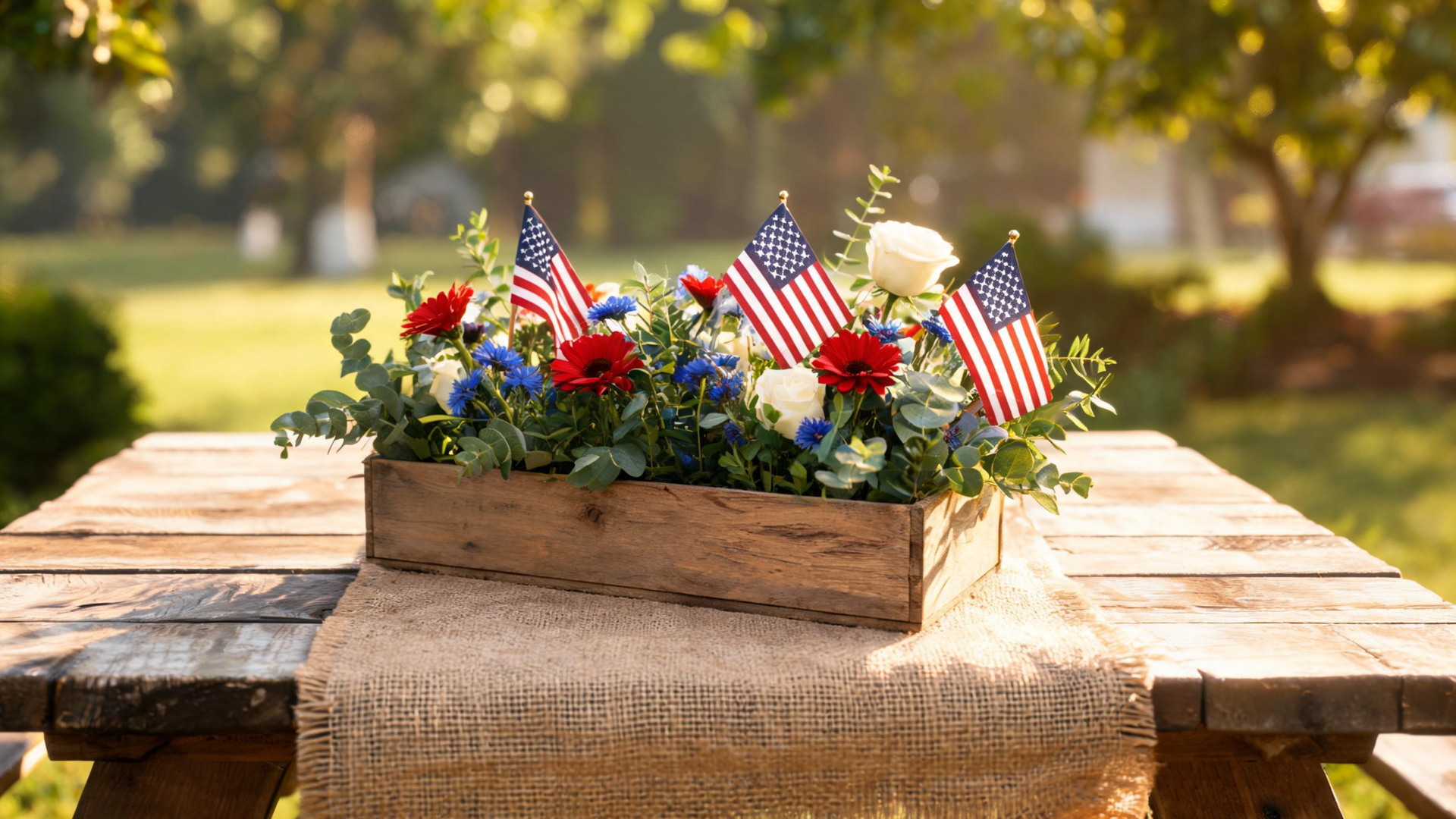 Rustic wooden box centerpiece with flowers and flags placed on a Memorial Day outdoor table