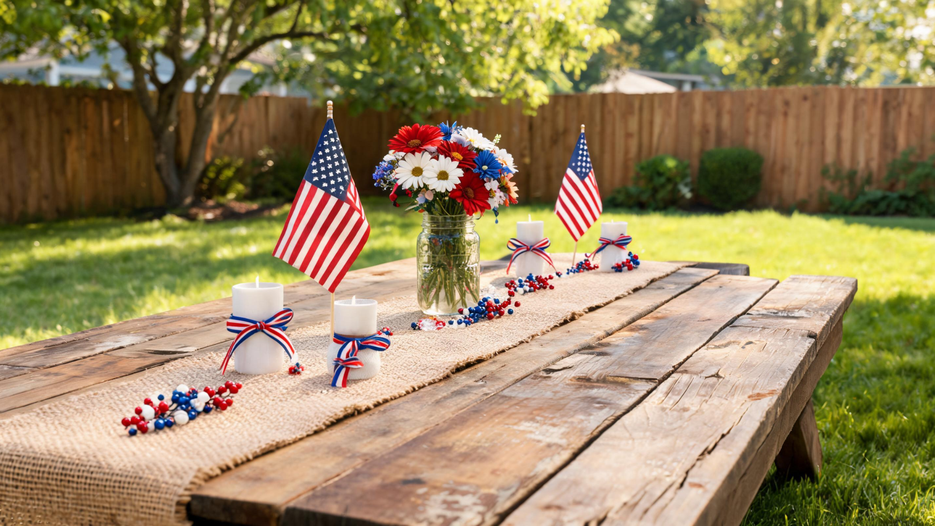Rustic wooden table with burlap runner and subtle patriotic decorations in outdoor setting