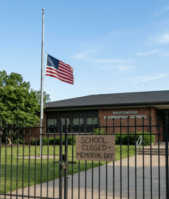 School building closed on Memorial Day with flag and calendar showing holiday