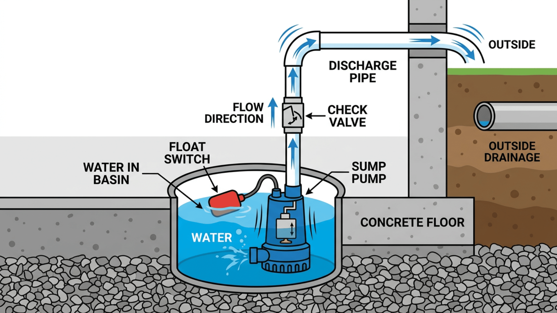 Simple diagram showing how a sump pump collects and pumps water away from a basement.