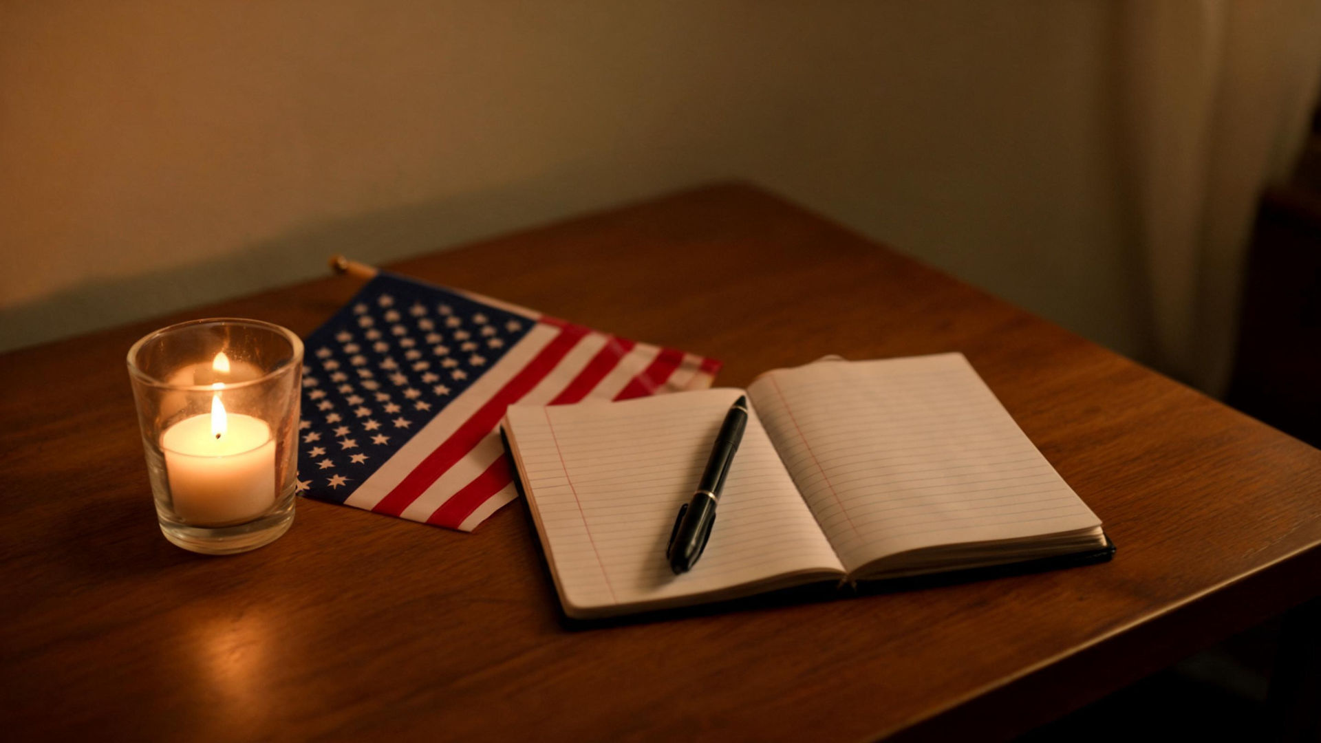Simple table with candle and American flag creating a quiet and reflective Memorial Day moment