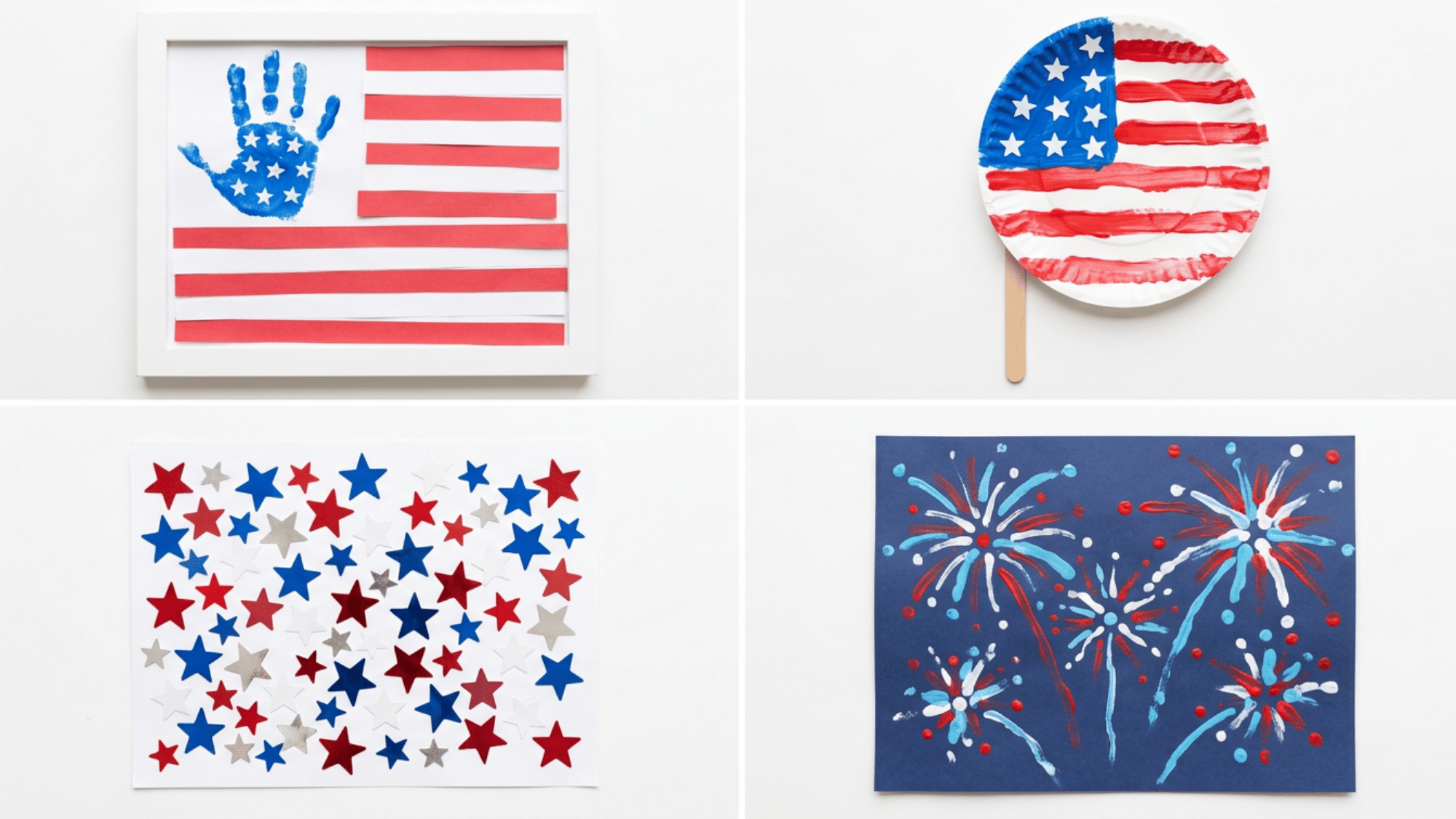 Simple toddler crafts with handprint flag, plate flag, stickers, and painted fireworks