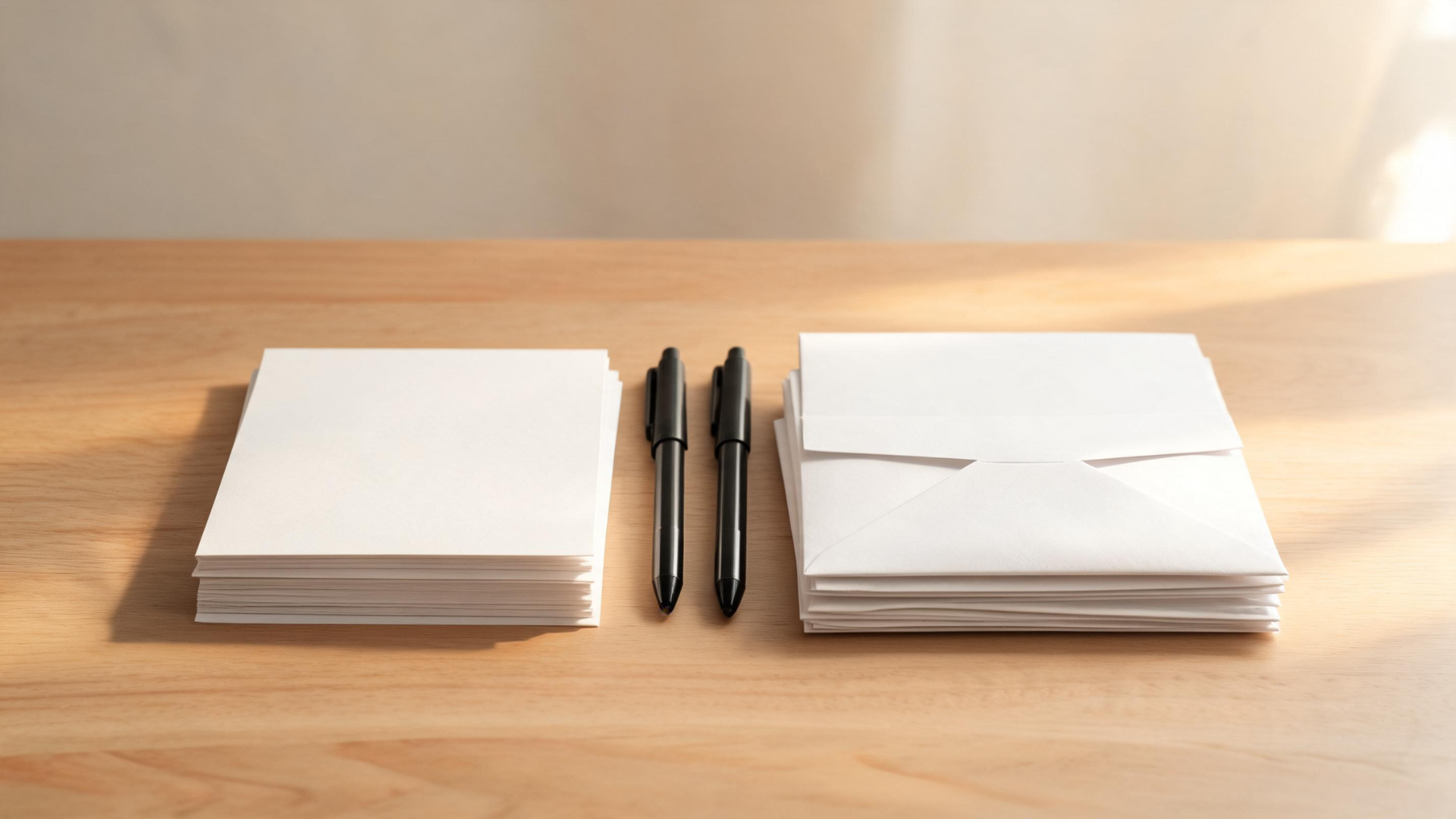 Simple writing setup with cards and envelopes arranged for creating Memorial Day thank-you notes