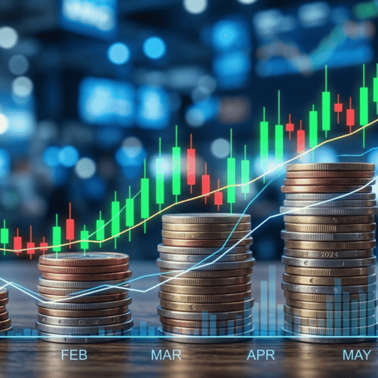Stacks of coins with rising financial charts showing business growth and investment trends